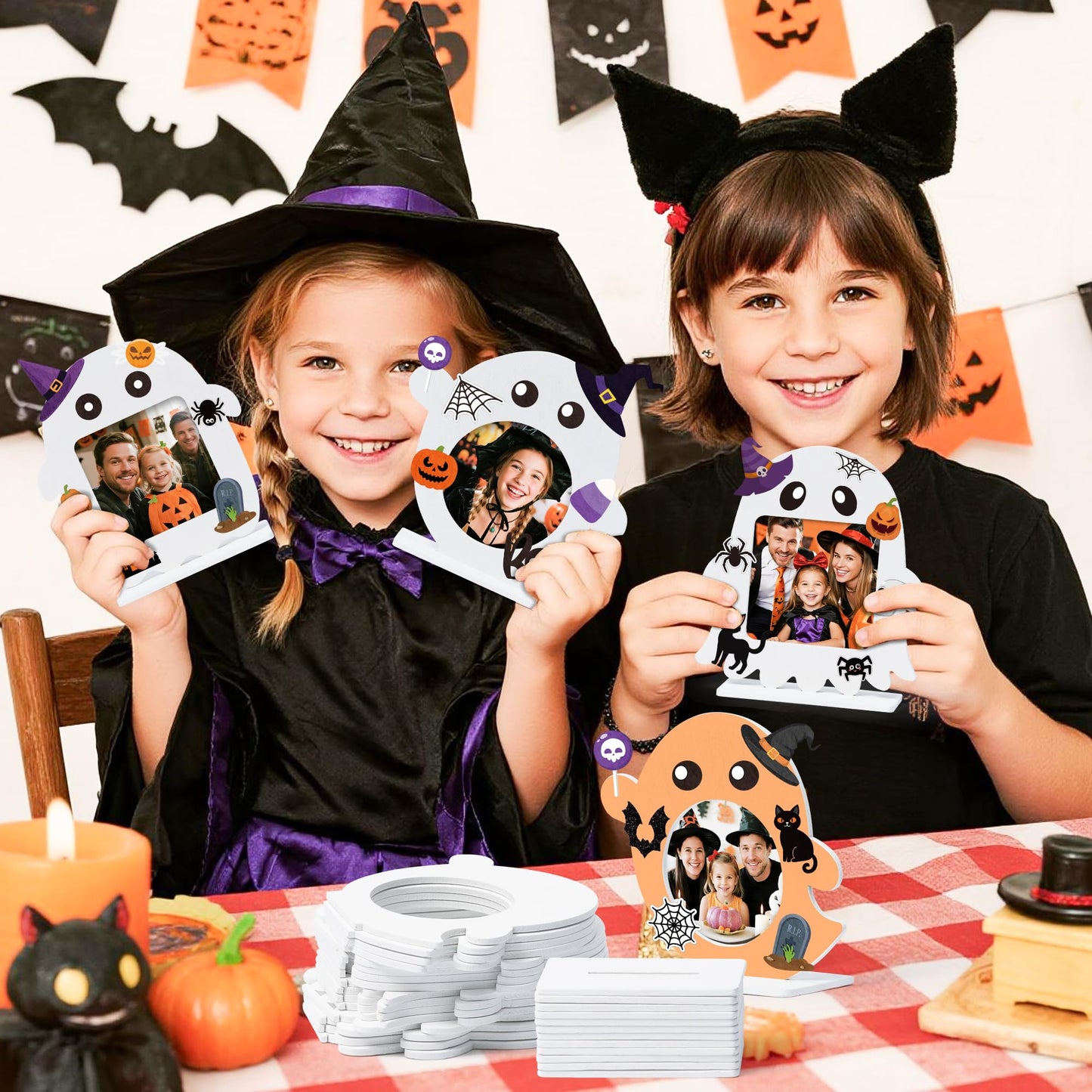 TICIAGA Halloween Ghost Photo Frame Craft - 16 Set Unfinished Halloween Wood Picture Frame Craft Kit with Sticker for Kids Classroom Activities, DIY Trick or Treat Spooky Ghosts Table Decor for Home