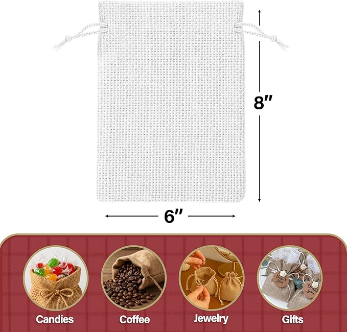 Mandala Crafts 6X8 Inch White Burlap Drawstring Gift Bags for Favors - 30 Medium Linen Sacks Gift Pouches for Candy, Coffee, Jewelry, Wedding, and Party Supplies