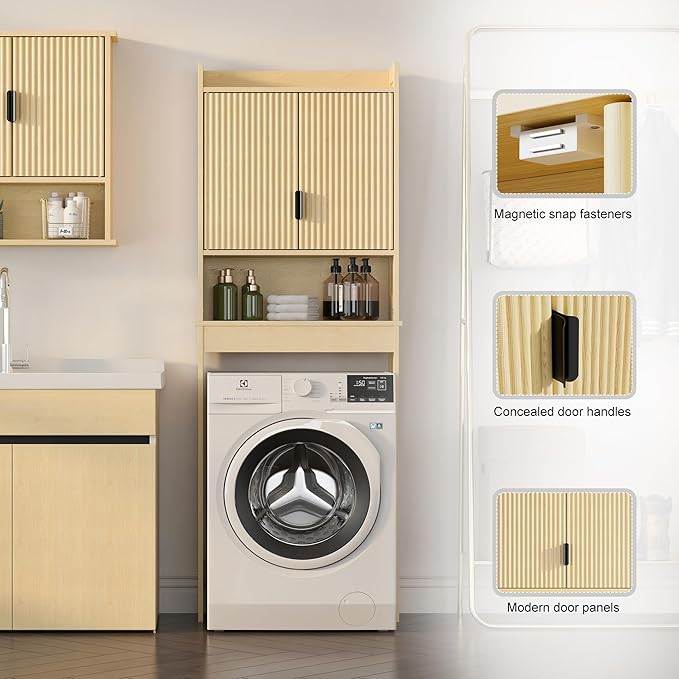Over The Toilet Storage Cabinet,Behind Toilet Bathroom Organizer with Anti-tip,Space-Saving Toilet Shelf with Storage,Stylish Wave Pattern & Hidden Handle,Bathroom Shelf for Restroom/Laundry
