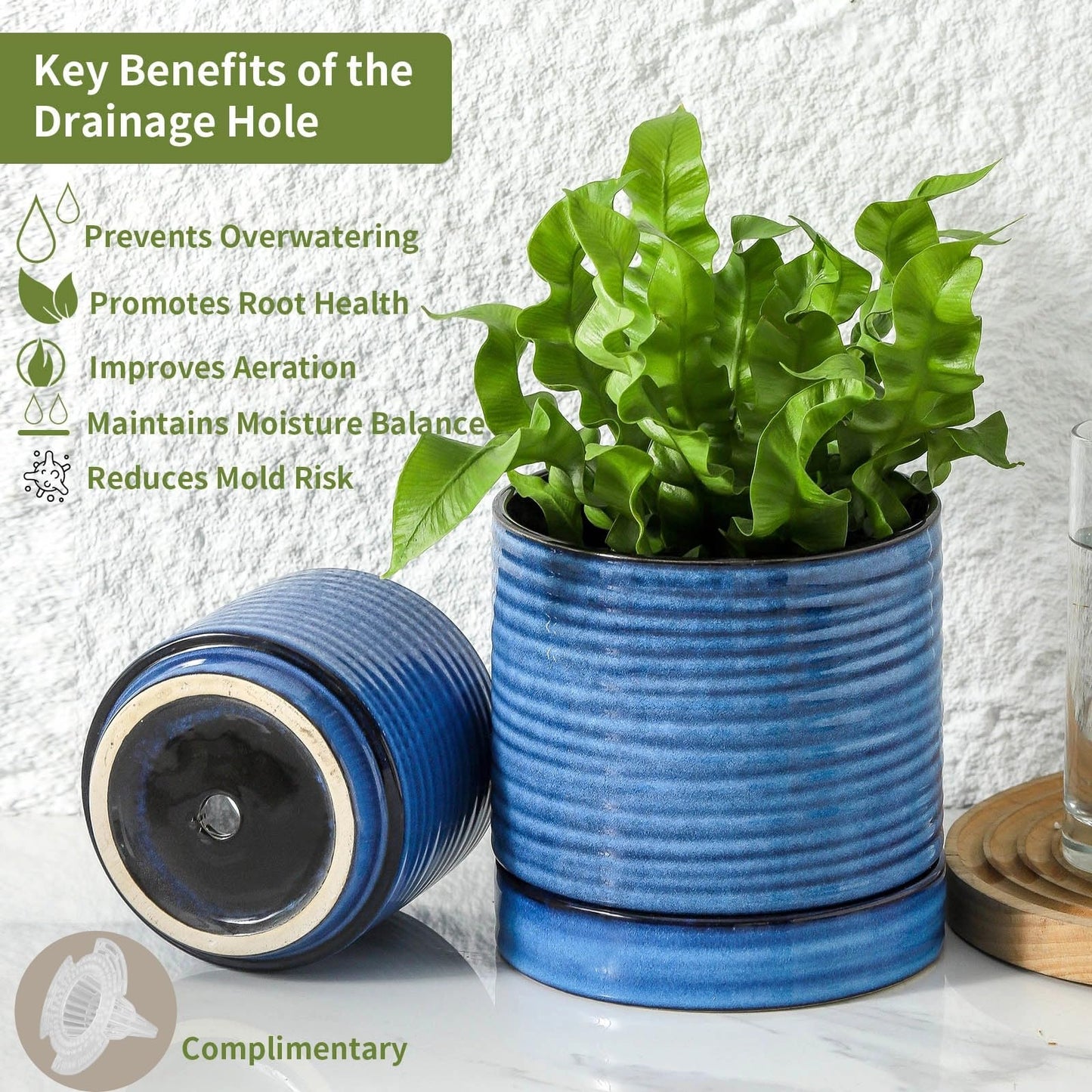 HASENSE 3 Piece Ceramic Plant Pots, 8/6/4.6 Inch, Indoor Pot for Plants with Drainage Holes and Saucer, Modern Flower Planter for Home Office, Rective Glaze Blue