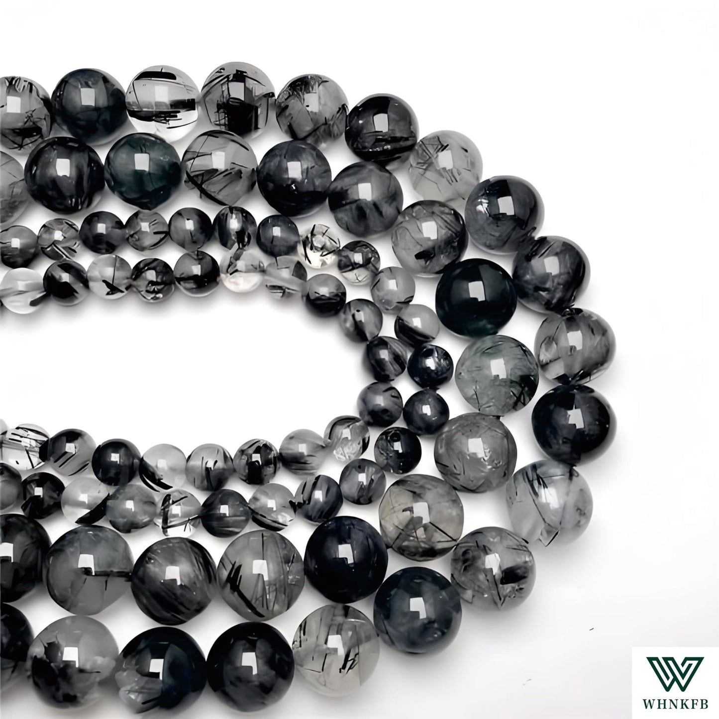 WHNKFB 8mm 50PCS Natural Black & White Mixed Rutilated Quartz Round Beads, Loose Crystal Beads for Jewelry Making Craft - 4mm 6mm 8mm 10mm Options with Free Elastic Cord