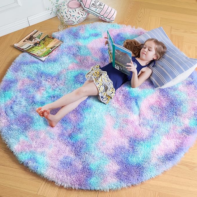 Amdrebio Purple Rainbow Round Rug 5Ft for Bedroom Girls Room Decor, Mermaid Stitch Frozen Kids Rugs for Playroom Nursery Dorm, Fluffy Fuzzy Cute Shag Carpet, Kawaii Circle Area Rugs for Baby Toddler