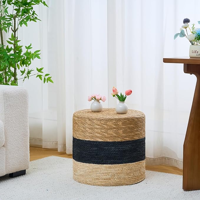Wimarsbon 18'' Ottoman Pouf, Natural Braided Poof, Rustic Handweave Lounge Pouffe, Boho Footrest Stool for Bedroom, Accent Table for Living Room (18inch Natural Cattail + Black Corn Husk)