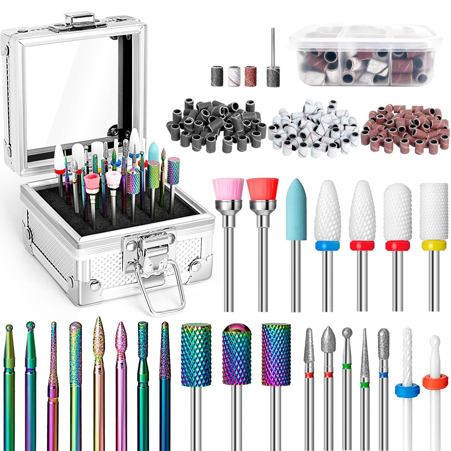 Onism 25Pcs Nail Drill Bits Set with 75Pcs Sanding Bands (80#/120#/180#), High-Precision Tungsten Carbide & Ceramic Efile Bits for Acrylic Gel Removal, Cuticle Care Kit with Organizer Box,Silver