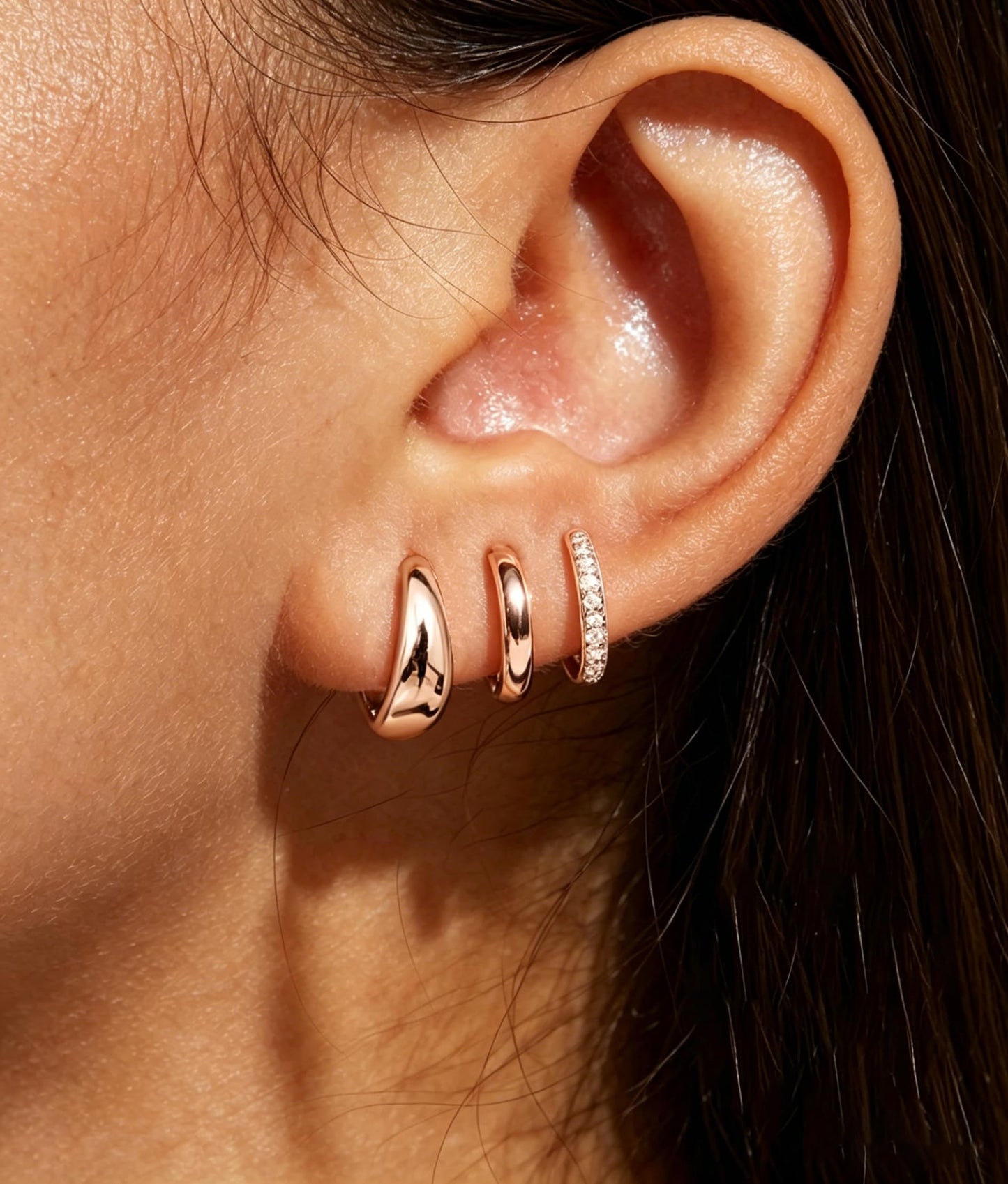 DORANA Rose Gold Earrings for Women Non Tarnish Small Huggie Earrings 925 Hypoallergenic Cartilage Stackable Sleeper Hoops Rose Gold Stacks Sets for Multiple Piercing,3 Pairs
