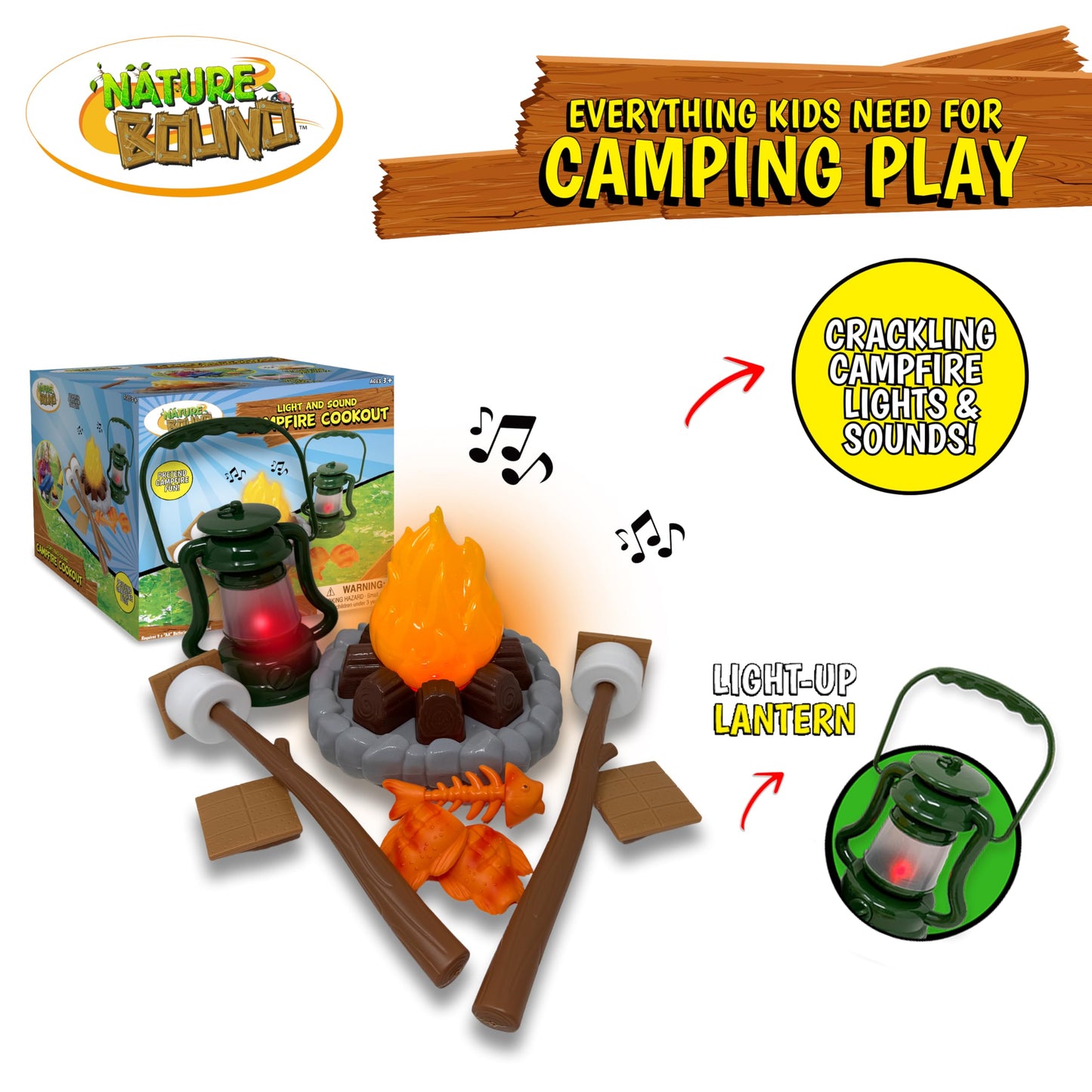 Nature Bound Kids Camping Playset - Light-Up Campfire Toy Set for Indoor and Outdoor Adventures - Pretend S’Mores, Lantern, and Camping Accessories (Gift Box)