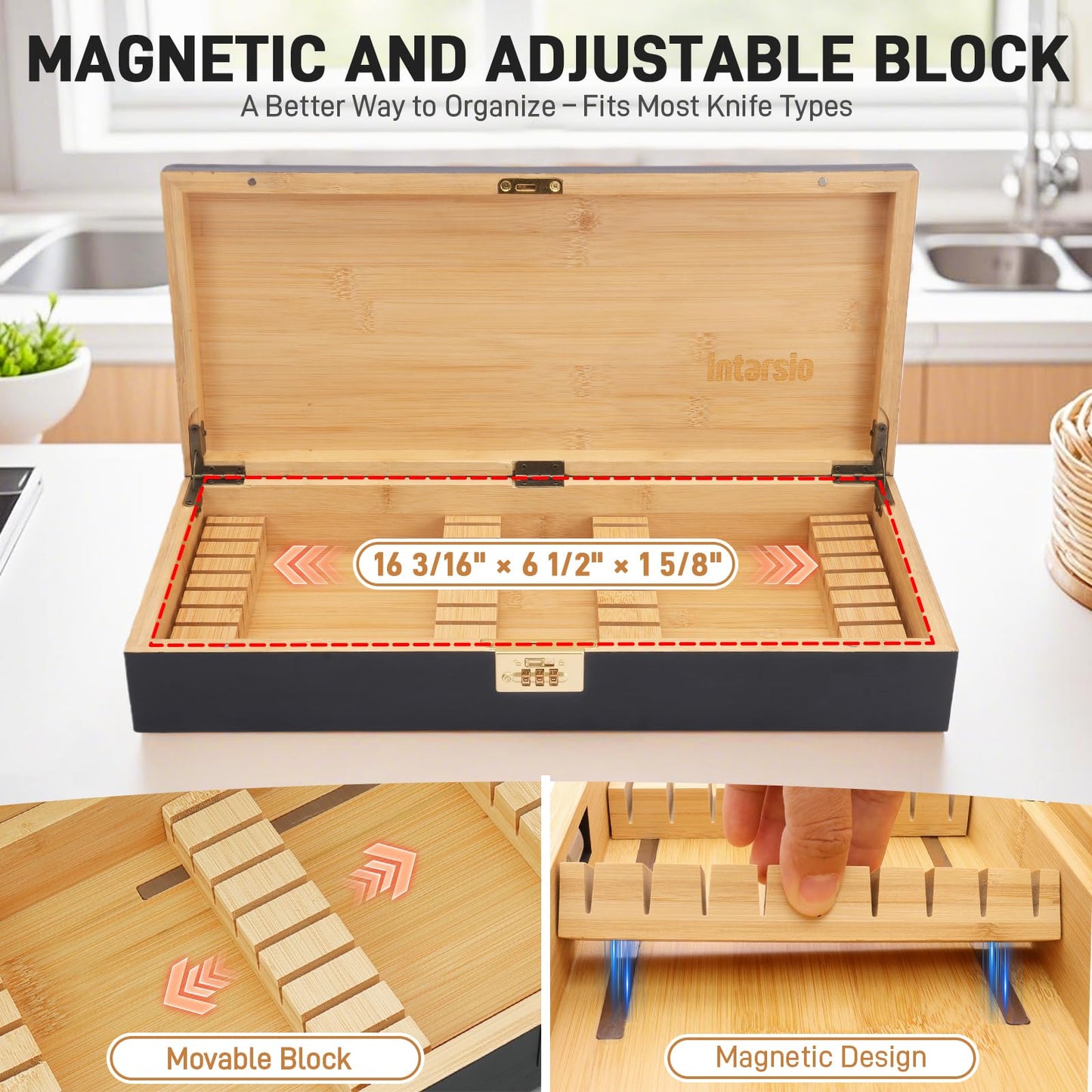 Upgraded Lockable Large Bamboo Knife Storage Box with Magnetic Removable Knife Blocks for Easy, Quick and Safe Culinary Tools Storage, Keyless Kitchen Combination Lock Box, Great Kitchen Gifts