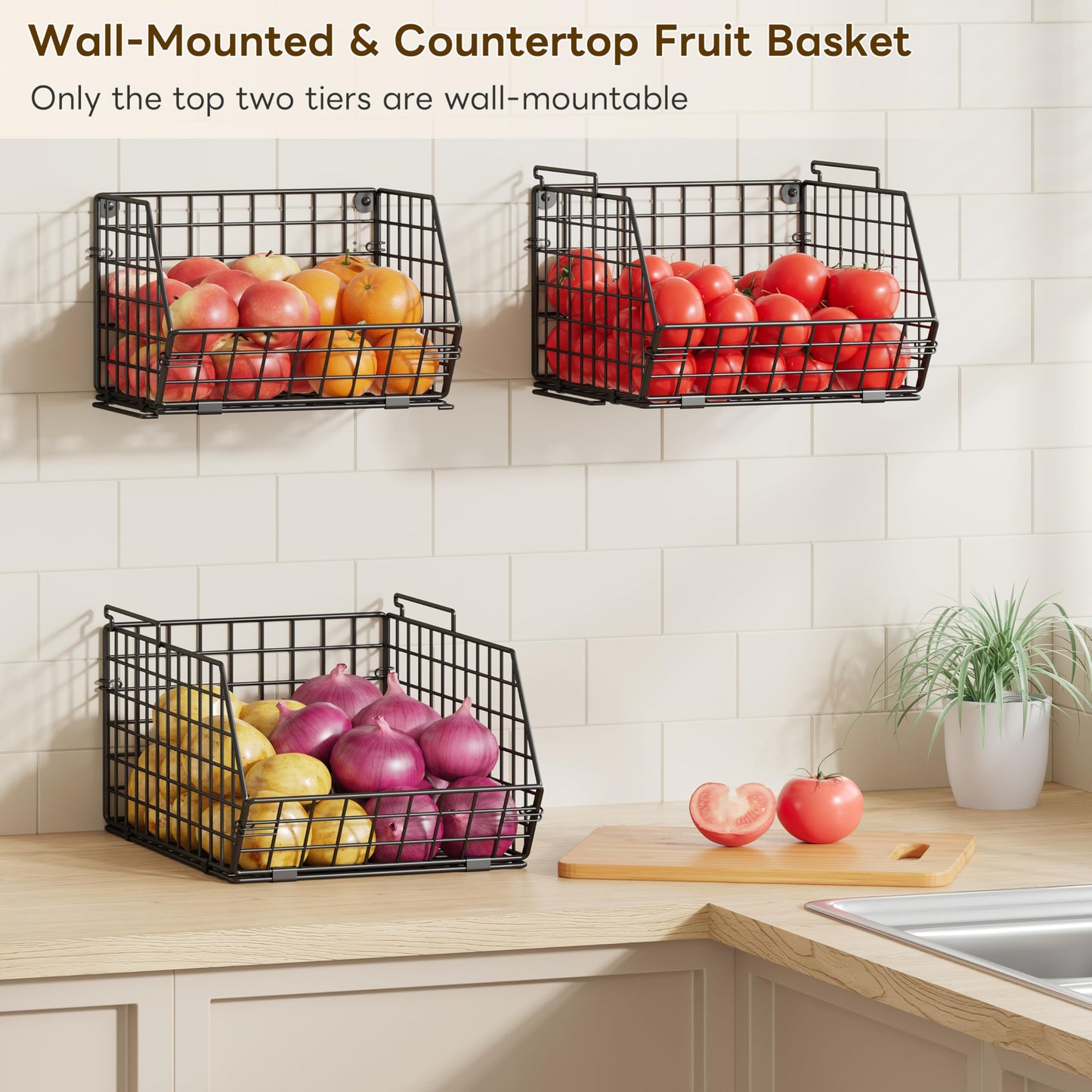 X-cosrack Stackable Wire Baskets for Counter, Fruit and Vegetable Storage, Potato and Onion Storage Bin，Kitchen Pantry Organizer - Wall Basket for Produce/Snack/Can, 3-tier Large, Black