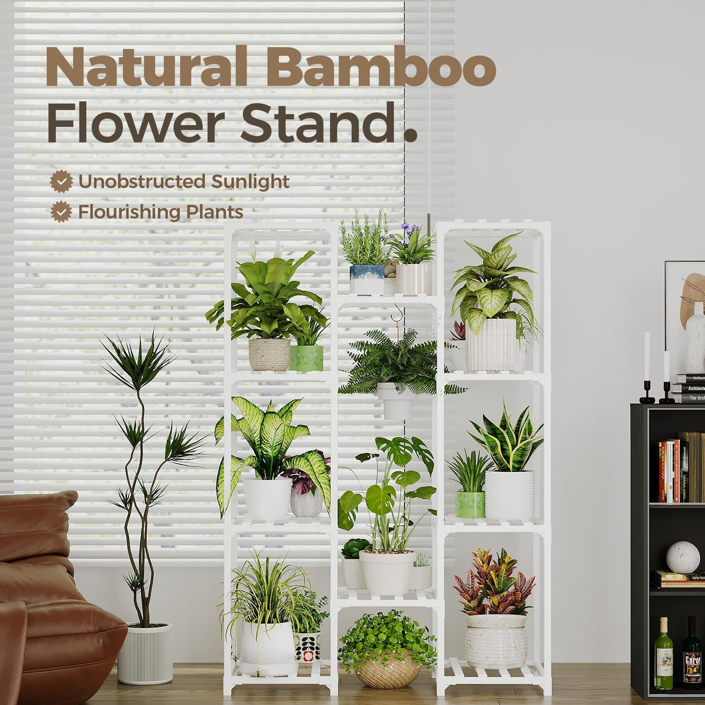 Bamworld White Plant Stand Indoor/Outdoor Ladder Plant Rack, 3 Tiers for 7 Pots, Living Room Boho Decor