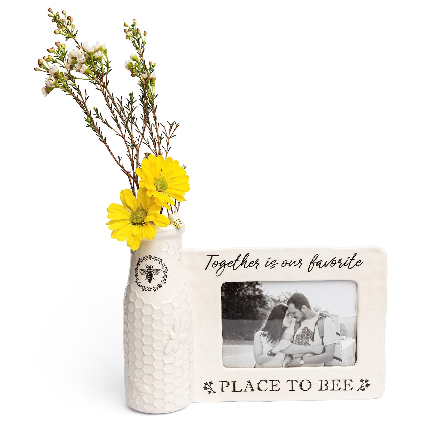 youngs Inc Ceramic Bee Vase w/Photo Frame, White, Black, 11.25" Length x 3.00" Width x 8.00" Height