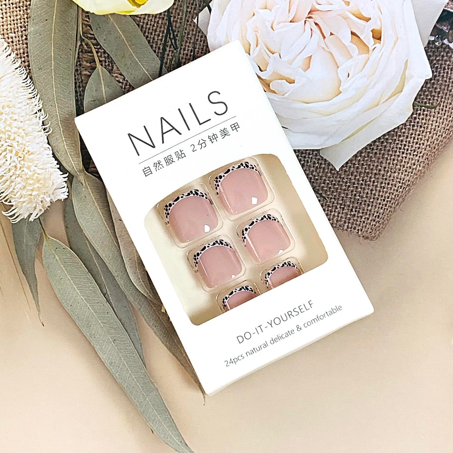 FIEONCIY 24pcs Press-on Square Acrylic False Nails Set with Glue, French & Leopard Designs, Spring & Summer Themed, Full Cover Nails, Women's DIY Manicure