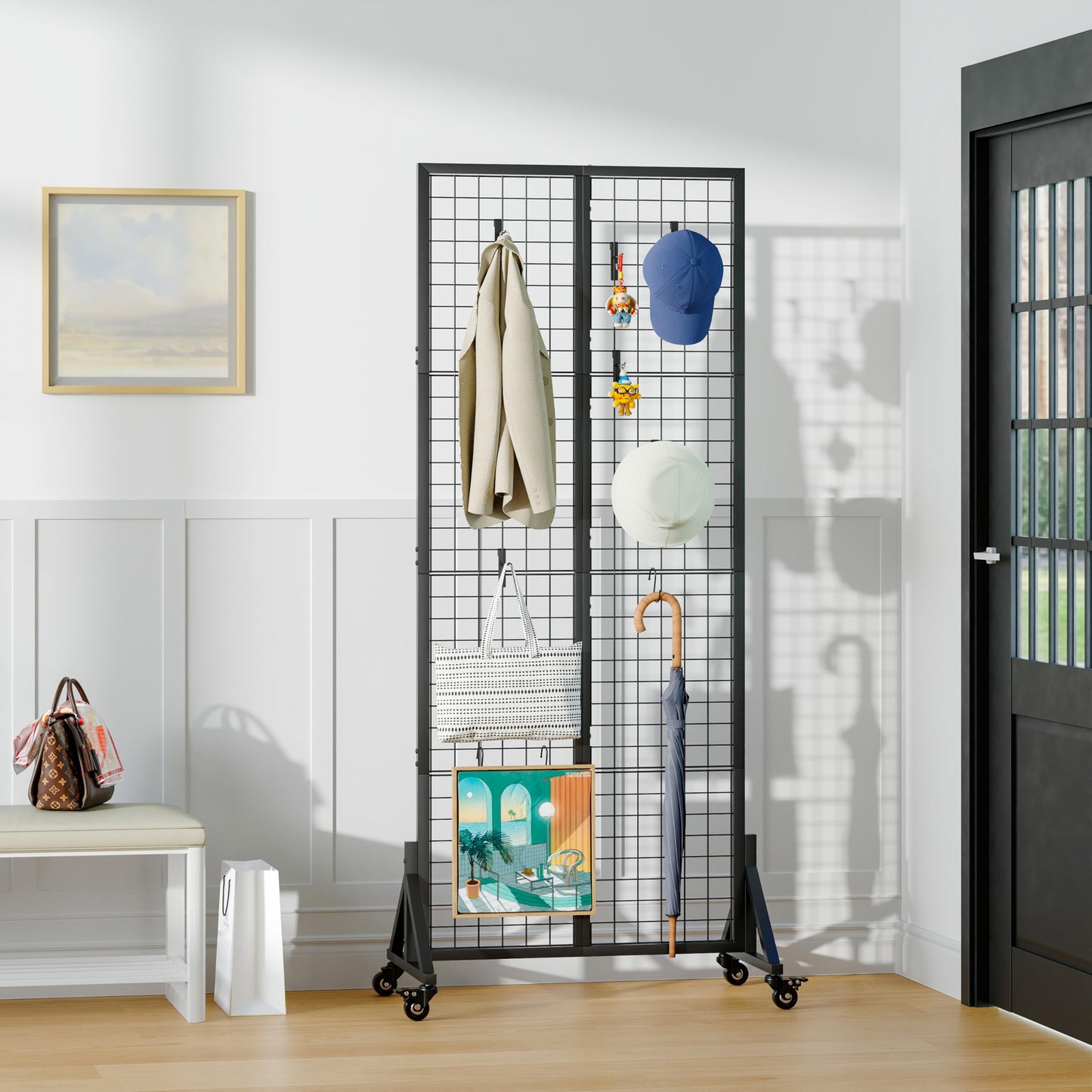 VAFEKOL Rolling Gridwall Display Stand, 65.6" H x 23.6" W Wire Mesh Rack with Wheels, Metal Display Grid for Art Shows, Craft Fairs, Retail Boutique & Home Storage, Black