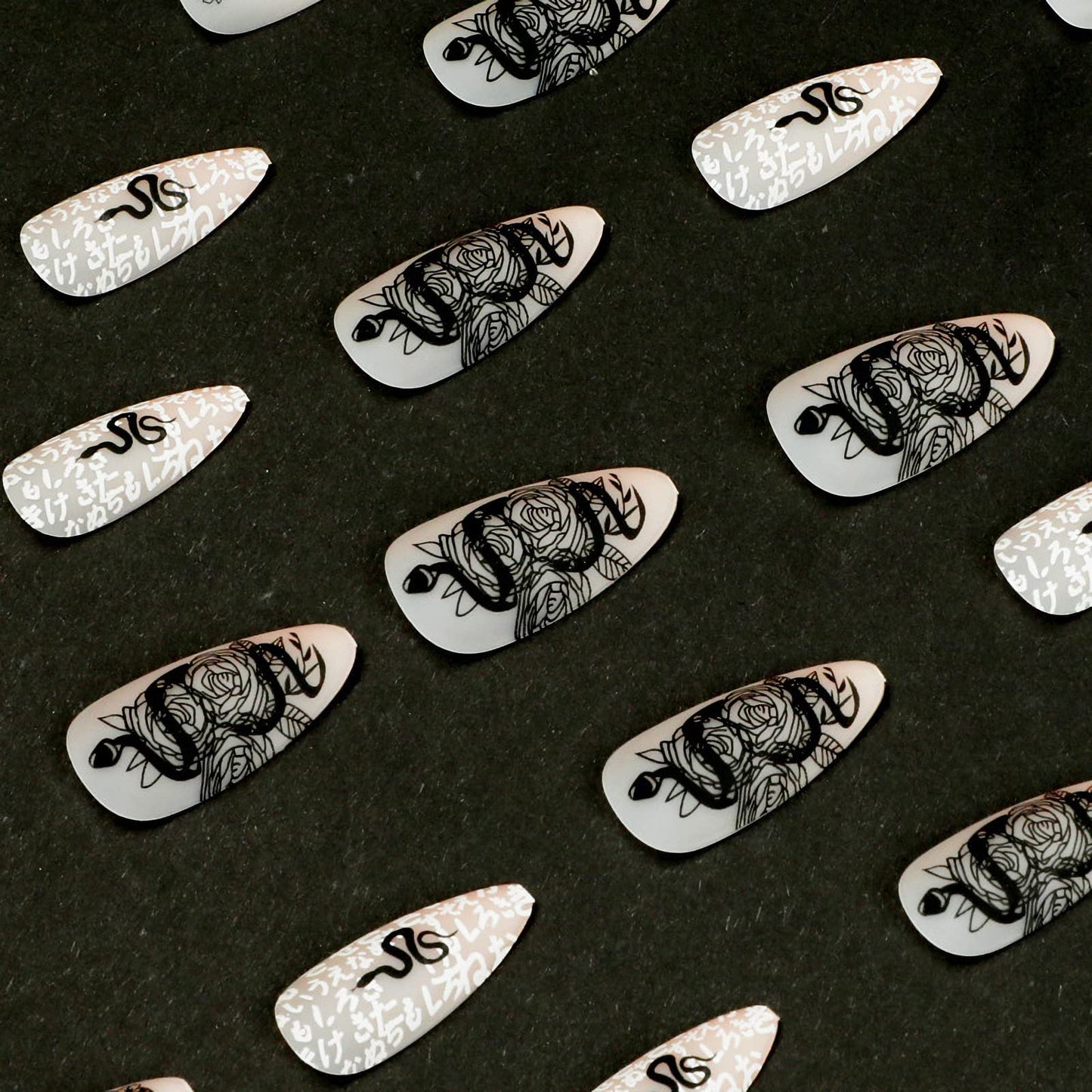IMSOHOT Almond Press on Nails Medium Matte Nude Fake Nails Full Cover Acrylic False Nails with Black Rose Snake Designs Glue on Nails 24pcs