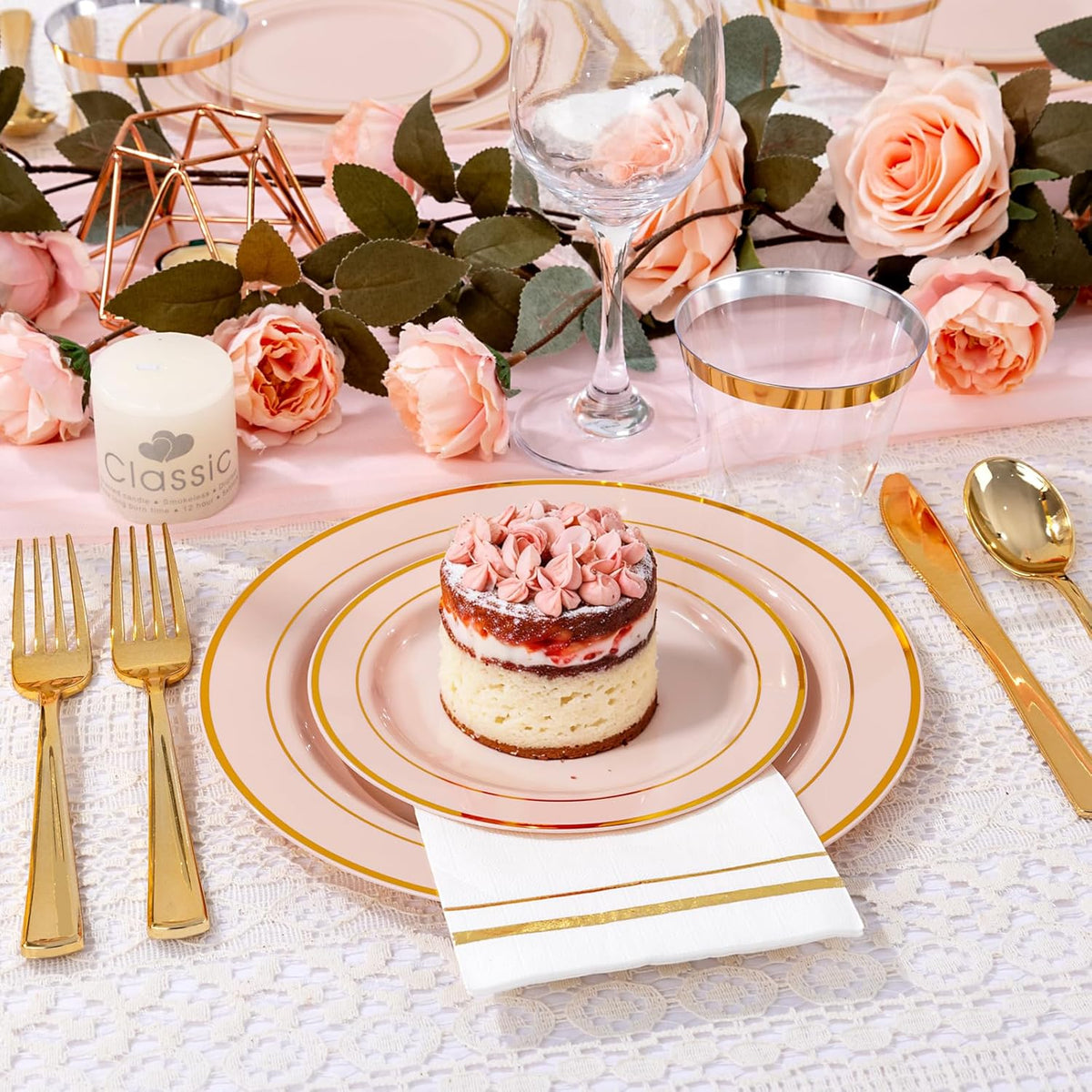 GATHER 350PCS Pink Plastic Plates - Disposable Plastic Dinnerware Set Include 100 Pink Plates, 150 Silverware, 50 Napkins, 50 Cups for Party & Wedding