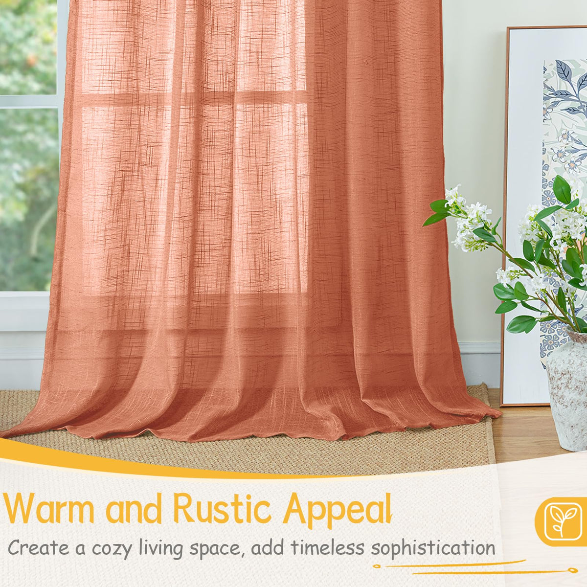 Burnt Orange Linen Semi Sheer Curtains 102 Inches Long for Living Room (2 Count)