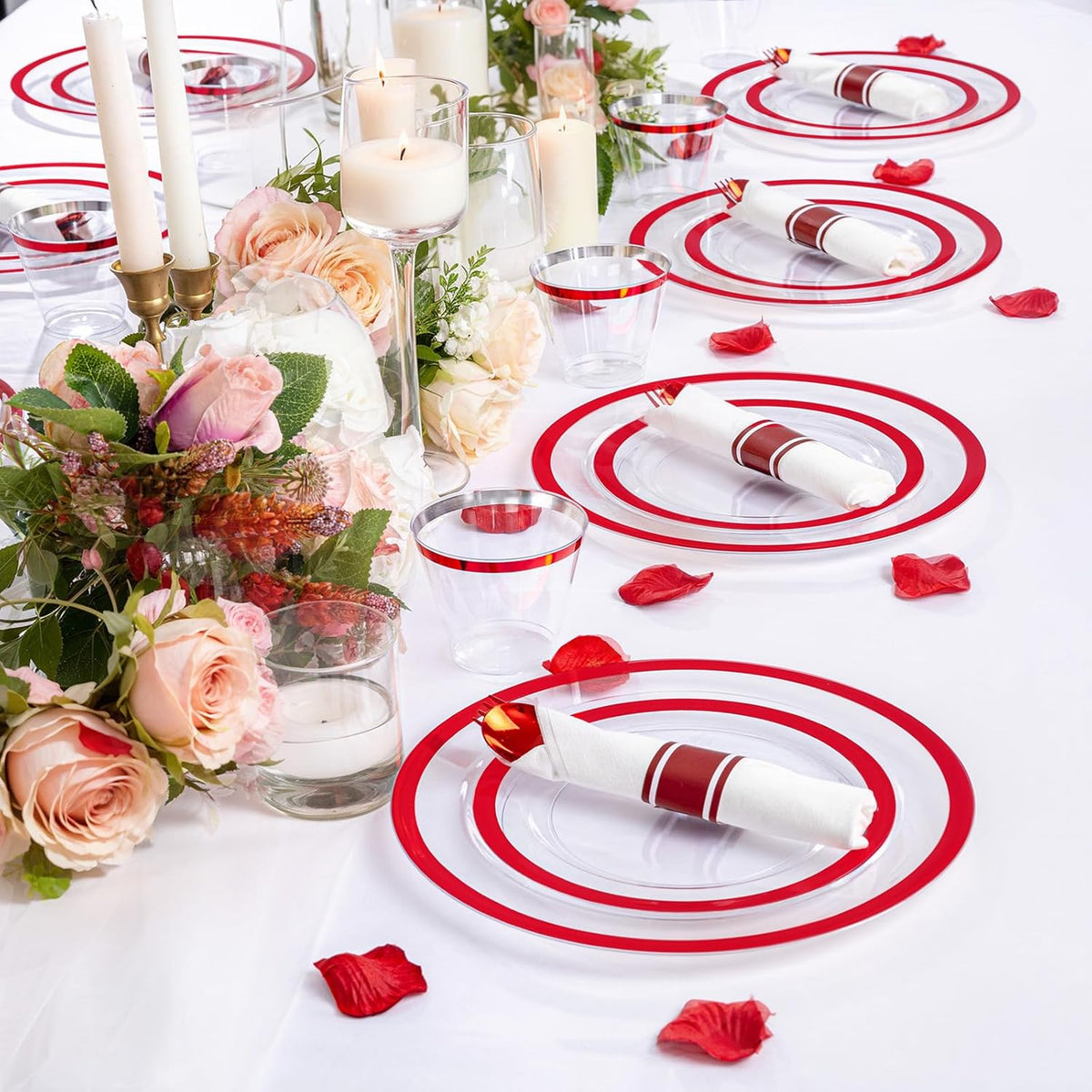 I00000 350 Pcs Red Plastic Plates,Clear Disposable Plate Set, Include 50 Dinner Plates, 50 Dessert Plates,50 Cups,50 Per Rolled Napkins with Plastic Cutlery for Wedding Thanksgiving Christmas Party