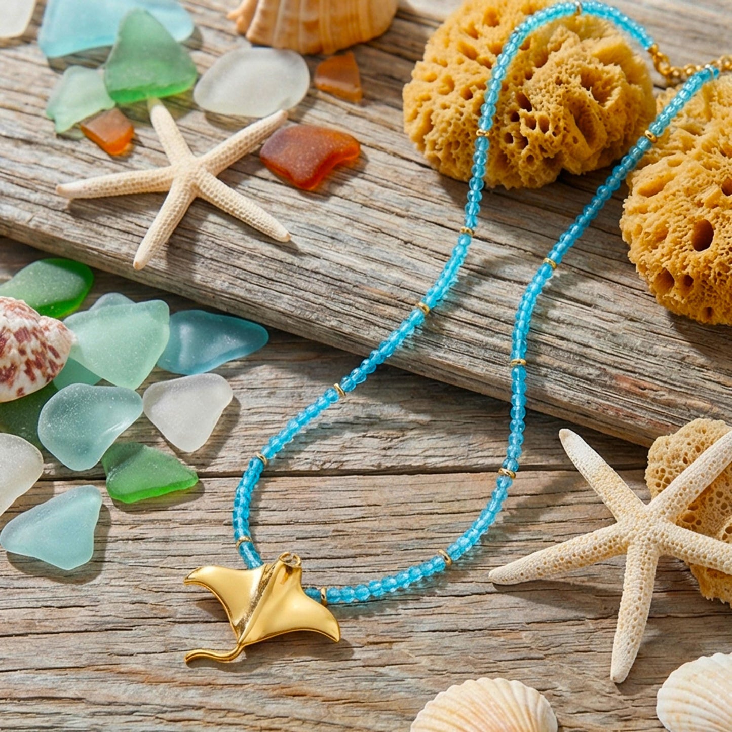 Seashell Starfish Necklace for Women Conch Shell Summer Pearl Beach 14k Gold Layered Dainty Choker (Manta Ray)