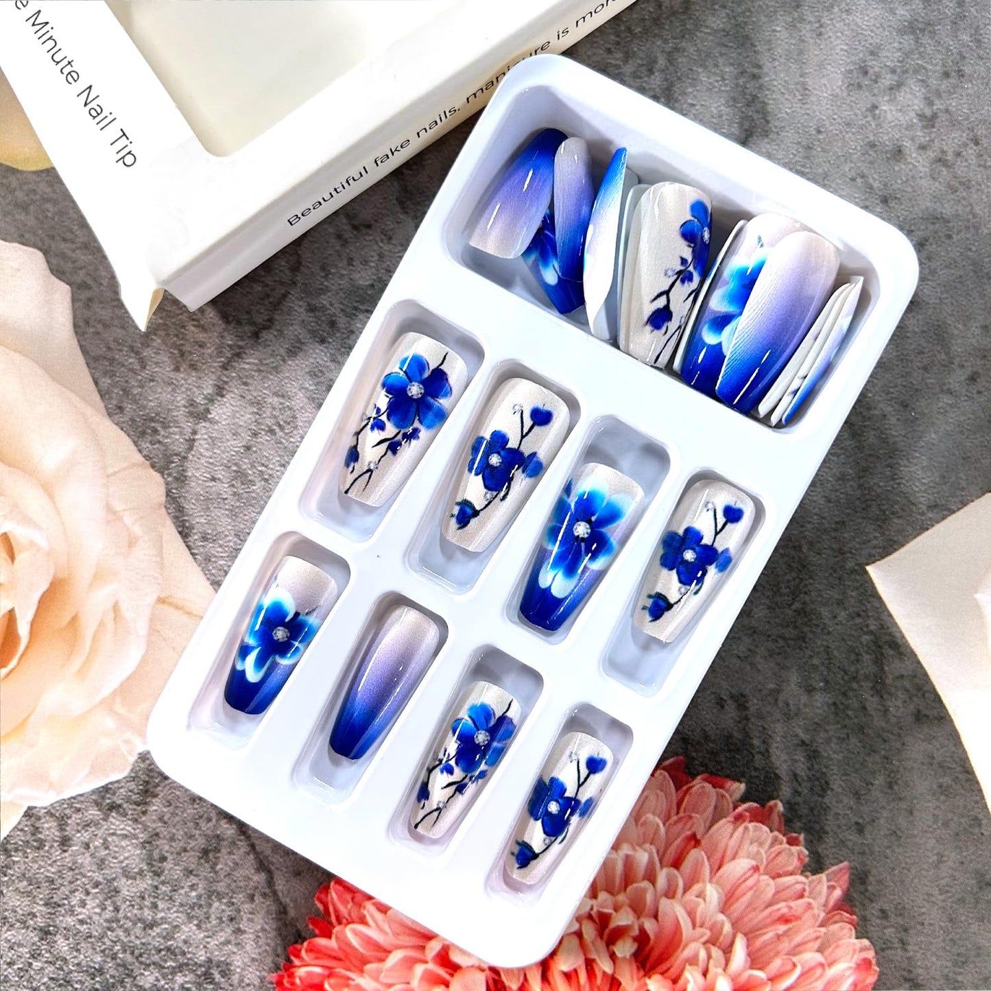 Blue Flower Press on Nails Medium Ballet Shaped Full Cover Glossy Acrylic False Nail Blue Floral Pattern Design Ballet Artificial Fingernails Blossom Stick on Nail Press Ons Glue on Nais for Women