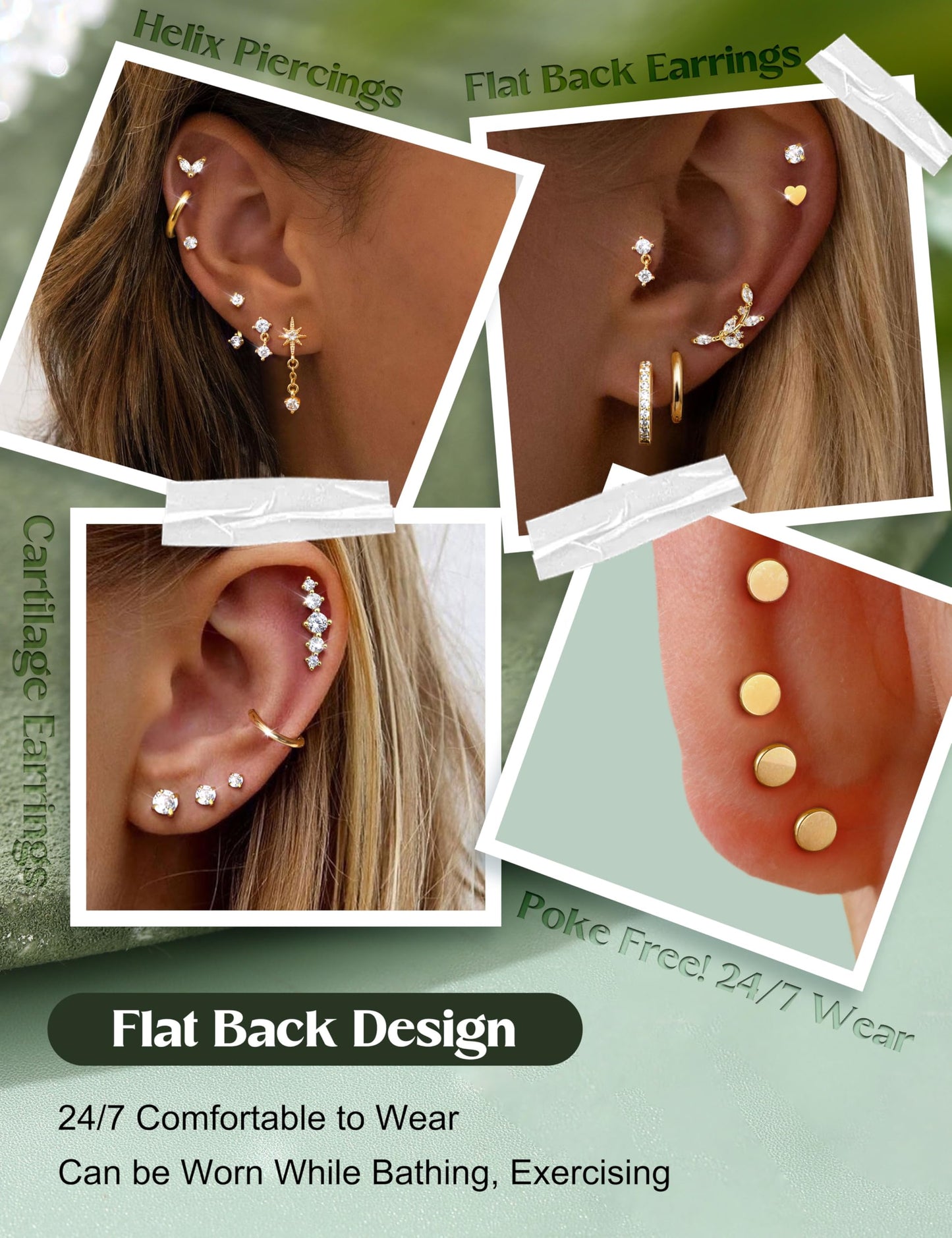 LOLIAS Hypoallergenic Flat Back Earrings Cartilage Earring Stacks - Surgical Steel Earrings for Sensitive Ears - Small Stainless Steel Flatback Stud Hoop Earring Sets for Helix Tragus Conch Daith Multiple Piercing Jewelry Trendy 14K Gold Plated