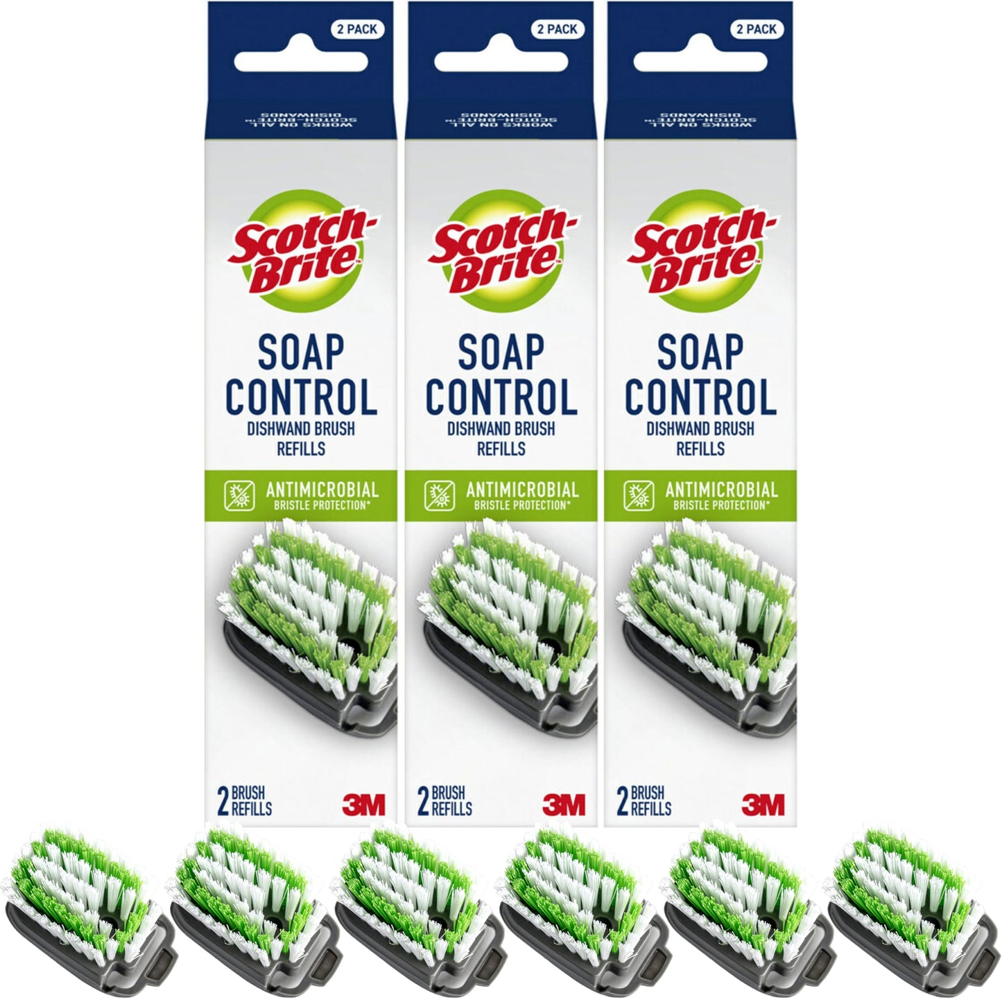 Scotch-Brite Soap Control Dishwand Brush Refills, Non-Scratch Scrub Brush Heads, Durable & Odor-Resistant, 3 Count (6 Total Refills)