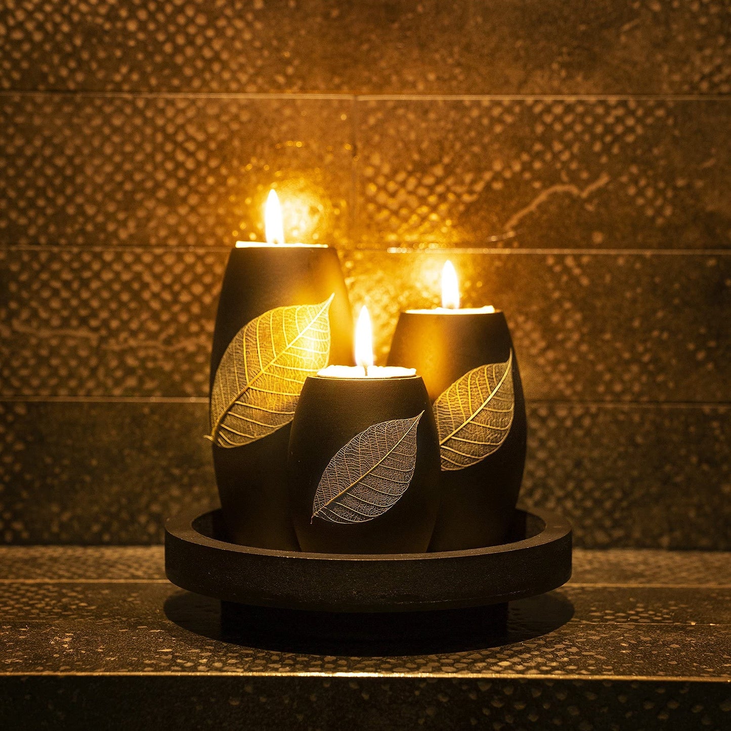 IYARA CRAFT Candle Holder Set with Tray – 3 Handmade Wood Tealight Holders, Black Leaf Design, Winter Home Décor, Spa-Inspired Holiday Centerpiece & Elegant for Women, Mom, Housewarming