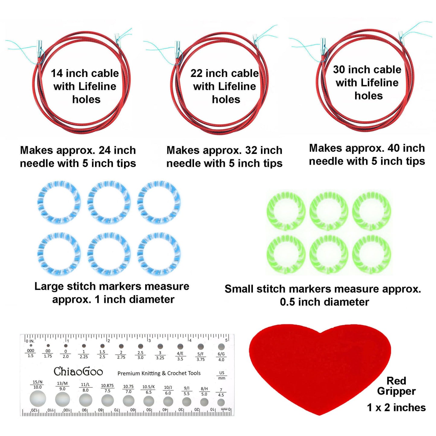 ChiaoGoo Twist Red Lace 5-Inch Large 7500-L Interchangeable Circular Knitting Needle Set, Sizes US 9, 10, 10.5, 11, 13, 15, Stainless Steel with 3 Cords with Project Bag