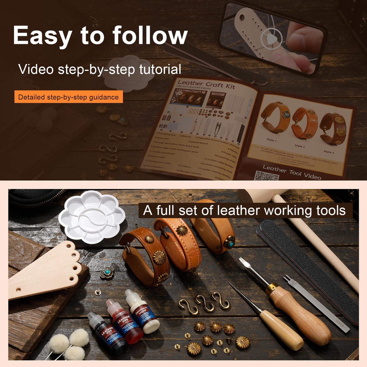 CBHGFEA Leather Crafting Kit, Leather Working Kit, Craft Kits for Adults, Leather Crafting Tools with a Wristband Making Video Tutorial for DIY Beginners