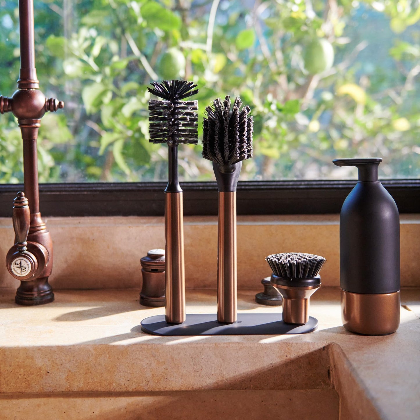 Curio Home Goods Ionic Brush Set, Magnetized to Stand Upright, Stainless Steel with Replaceable Heads, Bronze