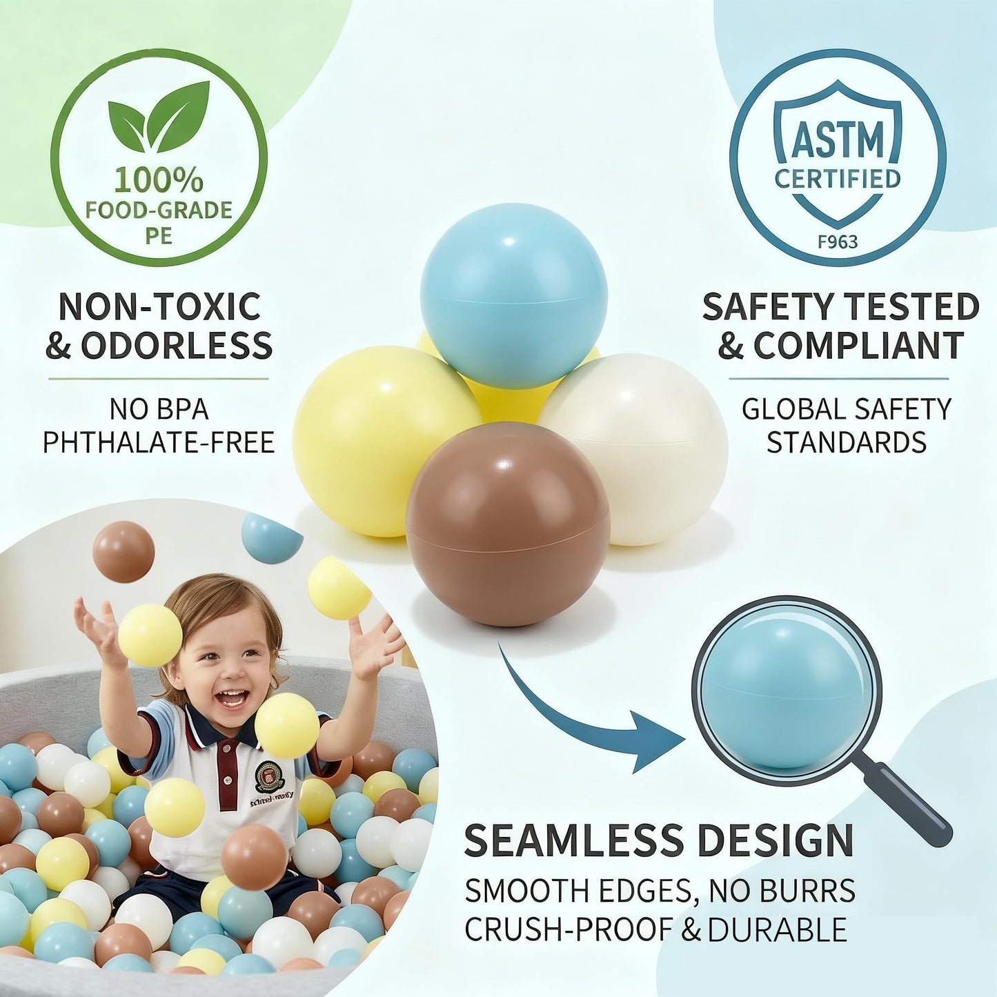 Glispaire 100 PCS Ball Pit Balls, 2.15", Milk White/Milk Yellow/Light Grayish Blue/Coffee, Phthalate/BPA-Free, Non-Toxic Crush-Proof Sensory Balls for Kids
