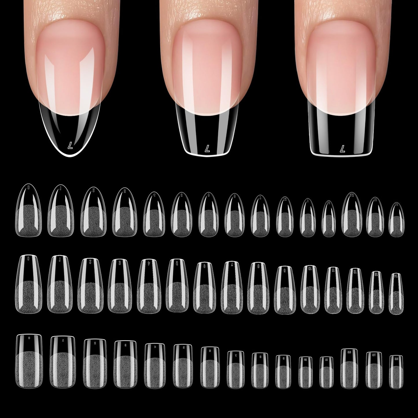 QIEK 450PCS Medium Almond & Coffin & Square - 3 Styles Nail Tips, 70-Grit Pre-Etched Press On Nail in 15 Sizes, Fake Nail Extension Kit for Acrylic Gel Nail Art DIY Salon