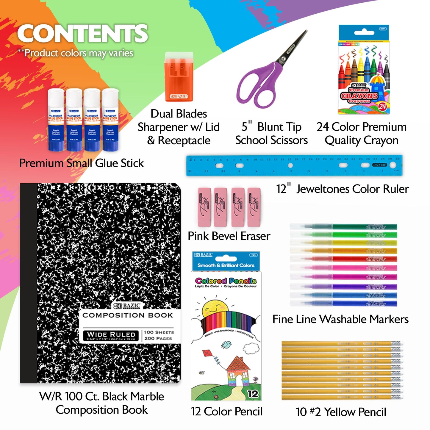 BAZIC Products School Kit Pack 60 Count, School Supply Box for Elementary Student K-6, Ruler Composition Book Pencil Eraser Crayon, 1-Pack