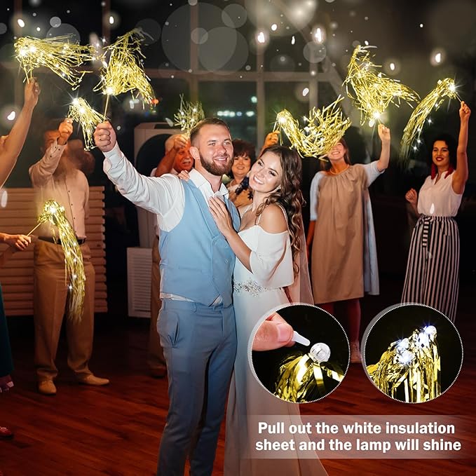 48 Pcs Lighted Wedding Wands LED Tinsel Wands Streamers Wedding Sparklers Send Off Light Sticks for Reception Birthday Exits Baby Shower Concert Christmas Party Favors(Gold)