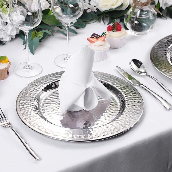 12 Packs Chargers Plates Bulk 13 Inch Stainless Steel Hammered Rim Round Elegant Dinner Plates Luxury Decorative Chargers for Wedding Party Catering Upscale Events (Silver)