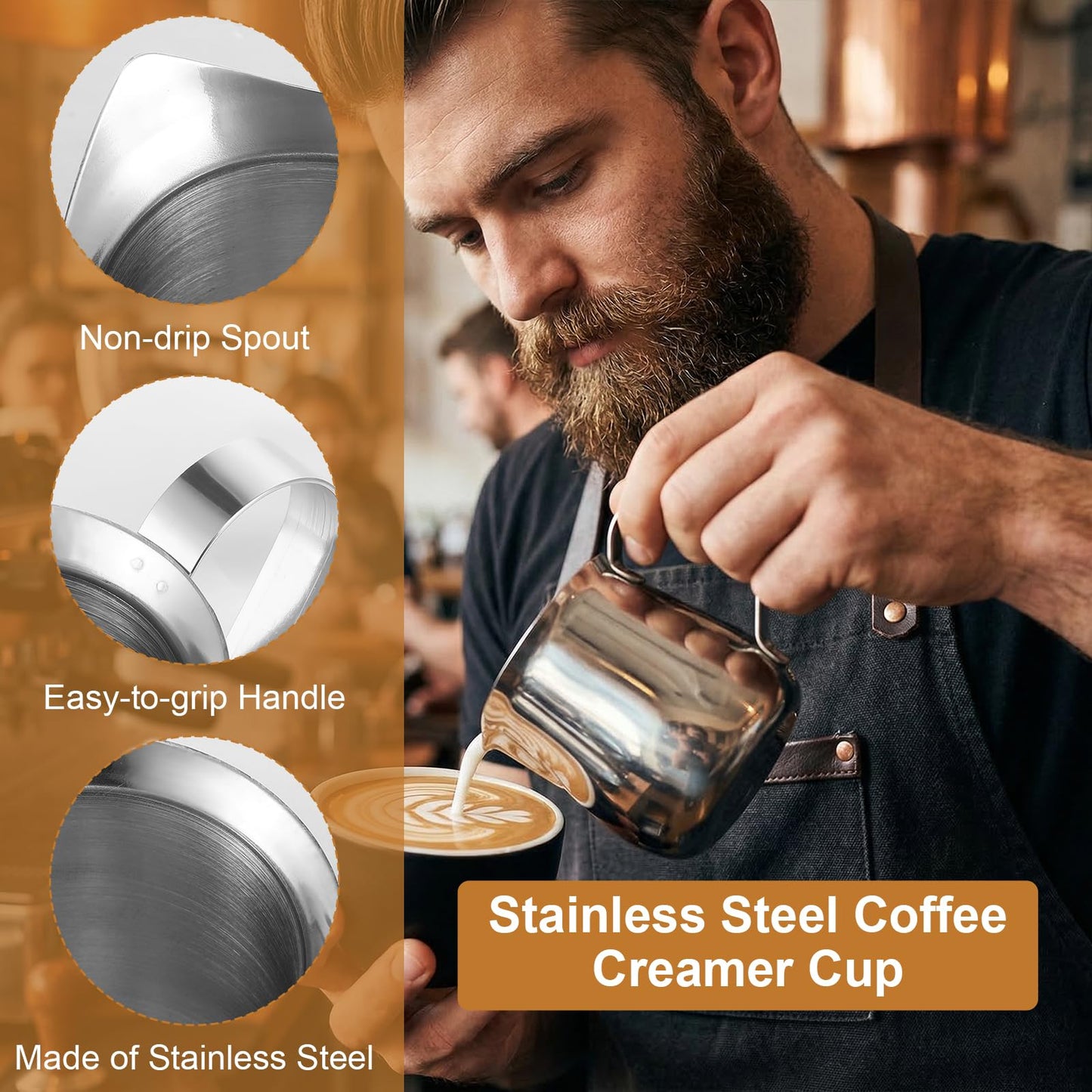 8 Pcs 3 oz (90ml) Mini Milk Creamer Frothing Pitcher Dispenser Container with Handle, Small Stainless Steel Bell-Shaped Creamer for Coffee Barista, Cappuccino, Latte, Restaurant, Bakery, Kitchen Use