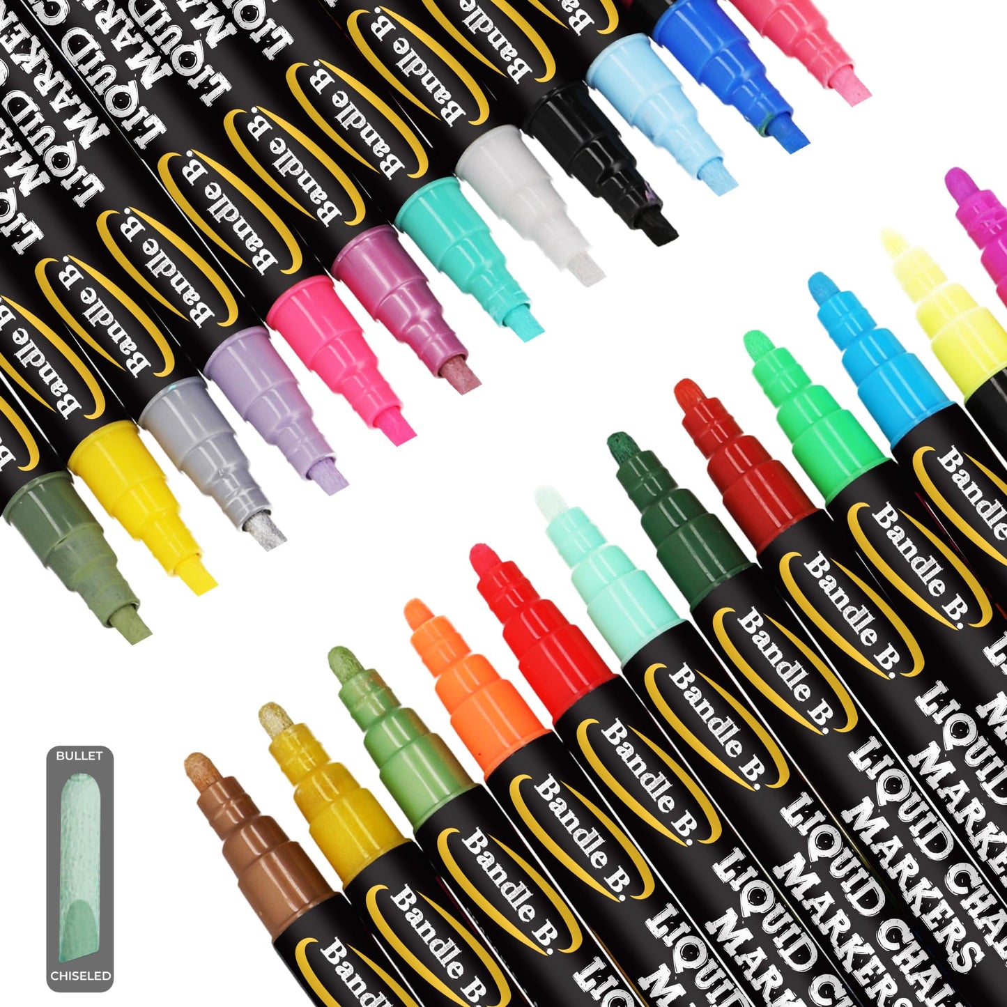 Bandle B. Chalk Markers - 24 Vibrant, Erasable, Non-Toxic, Water-Based, Reversible Tips. For Glass or Chalkboard Markers for Businesses, Restaurants, Liquid Drawing Chalk (Vibrant 6mm)