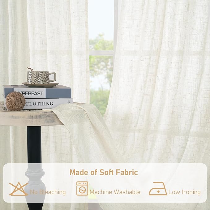 LAMIT Extra Wide Linen Curtains for Bedroom, Cream Light Filtering Faux Linen Textured Panels Semi Sheer Back Tab and Rod Pocket Boho Drapes for Living Room, 2 Panels, 60 x 84 Inch