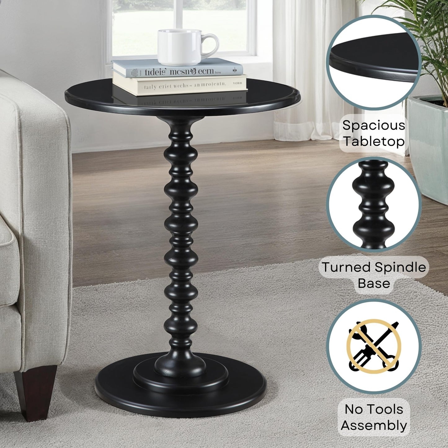 Convenience Concepts Palm Beach Spindle Table 17.75" - Traditional Round End Table for Living Room, Turned Solid Wood Side Table, Classic Display Pedestal Table, Black