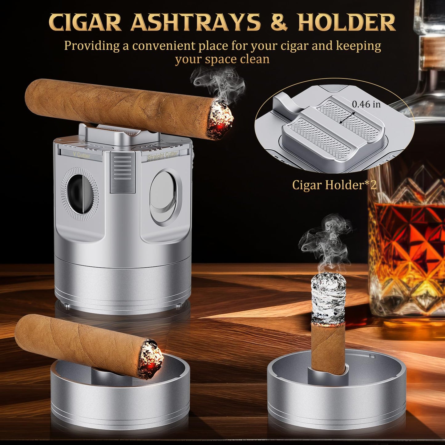 XIFEI 8-in-1 Desktop Cigar Lighter with Straight V-Cut Cutter, 3 Ashtrays, 3 Draw Enhancer Tools, 2 Stands, Cigar Punch, 4 Jet Flame Butane Torch Lighters, Luxury Accessories Gift Set (Silver)