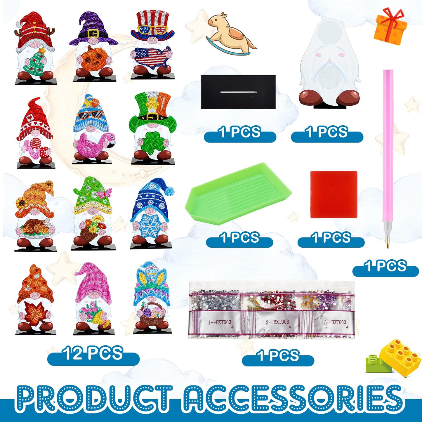Menkxi 24 Pcs Magnetic Diamond Painting Gnome Diamond Art Interchangeable Stand Decor DIY Holiday Seasonal Tiered Tray Decoration with Magnet Pieces Detachable for Office Home Summer Decorations