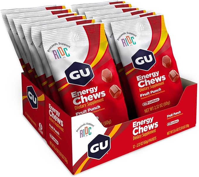 GU Energy Chews, Fruit Punch Energy Gummies with Electrolytes, Vegan, Gluten-Free, Kosher, Caffeine Free, and Dairy-Free On-The-Go Energy for Any Workout, 12 Bags (24 Servings Total)