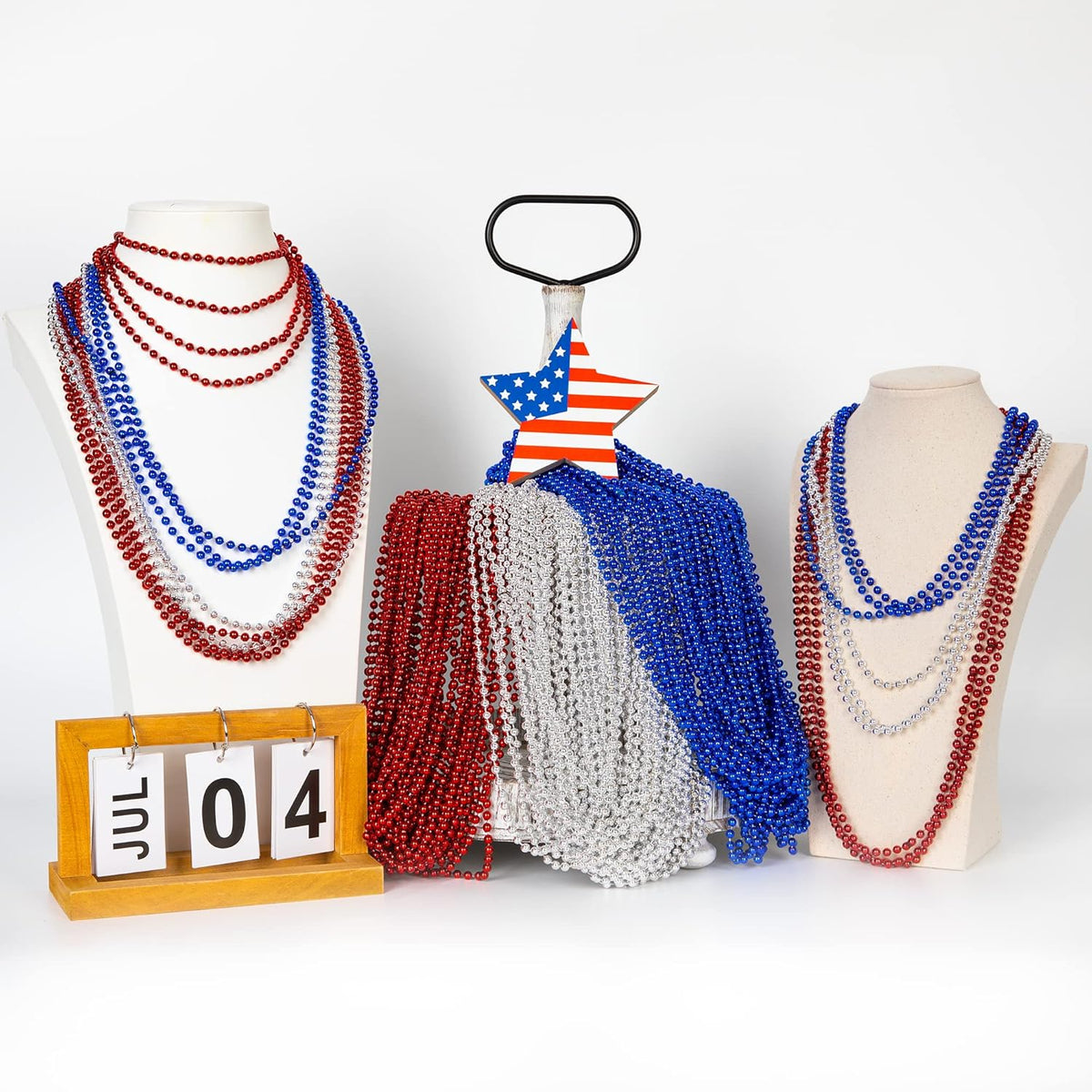 4th of July Party Favors, 12PCS Veterans Day Necklaces Bulk, Fourth of July Red Blue Silver Beads Necklace, Veterans Day Patriotic Beads Bulk for Parade Party Celebration Favors Decorations
