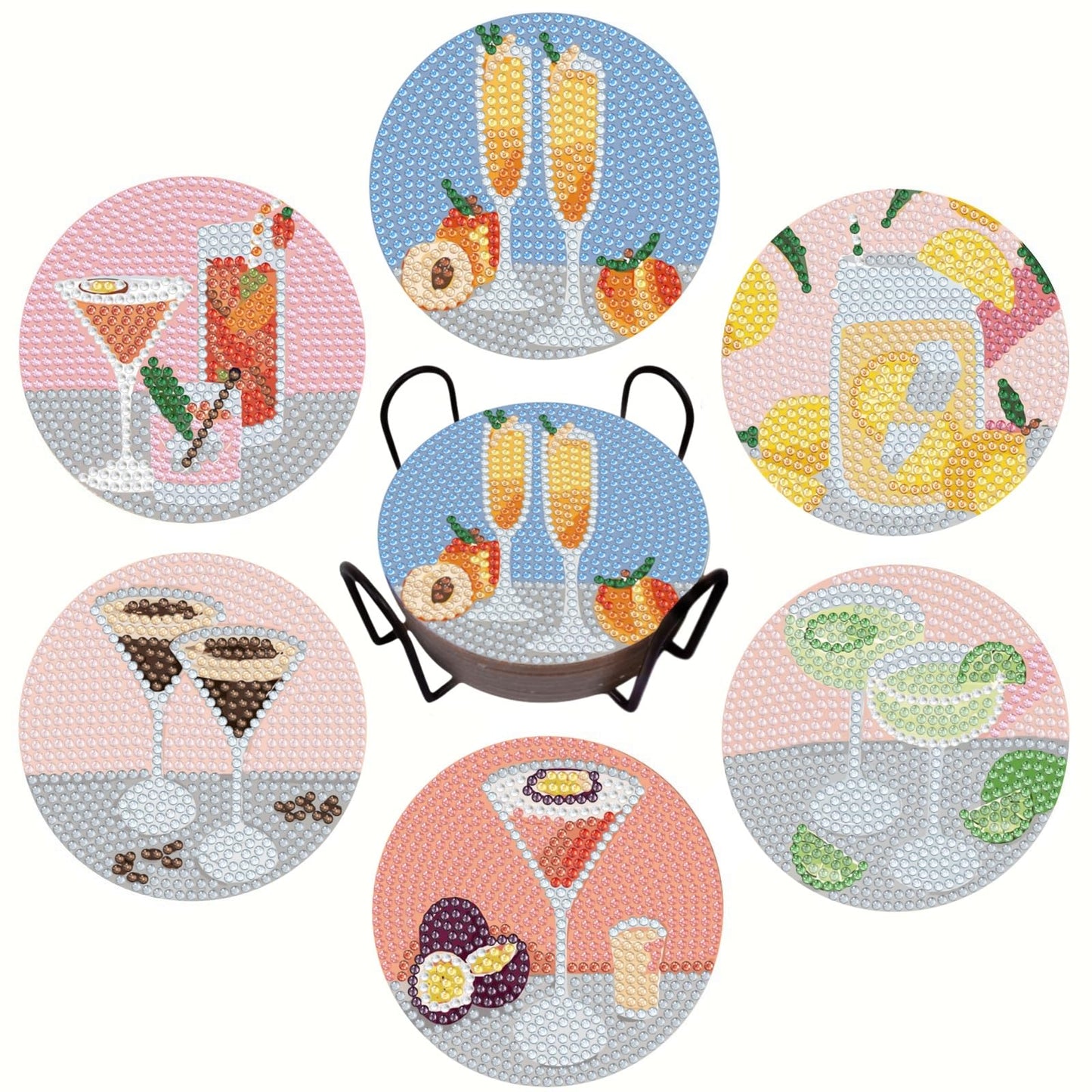 Bulerrylulu 6 Pcs Diamond Painting Coasters Kits with Holder,Diamond Art Coasters Set for Drinks Coffee Table, Gem Painting kit for Beginners Adults DIY Art Craft Gifts Home Decors (Cocktail)