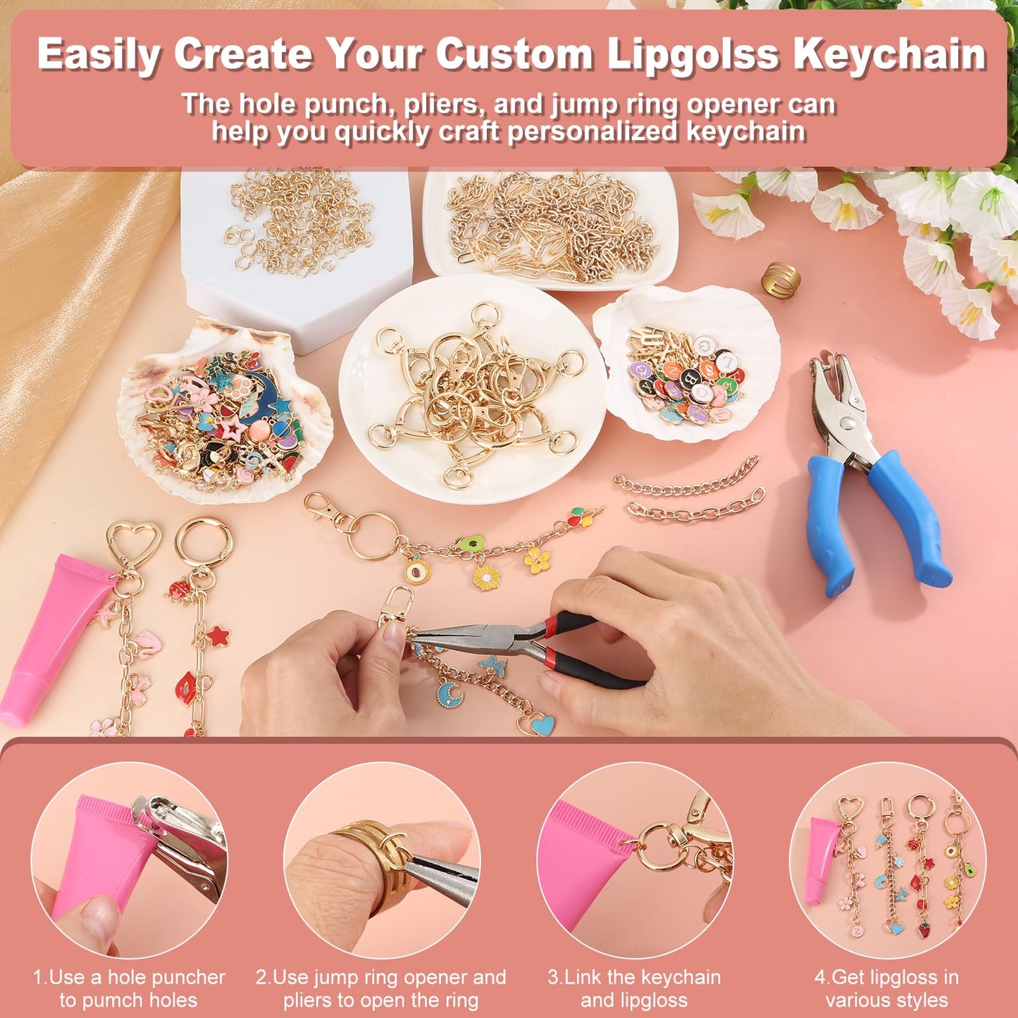 485 Pcs Charms Lip Gloss Keychain Making Kit, DIY Bag Charm Kit Including 40 Key Chain Hooks 30 Extender Chains 212 Gold Charms & Letter 200 Jump Rings 1 Plier and 1 Puncher for Craft Supplies