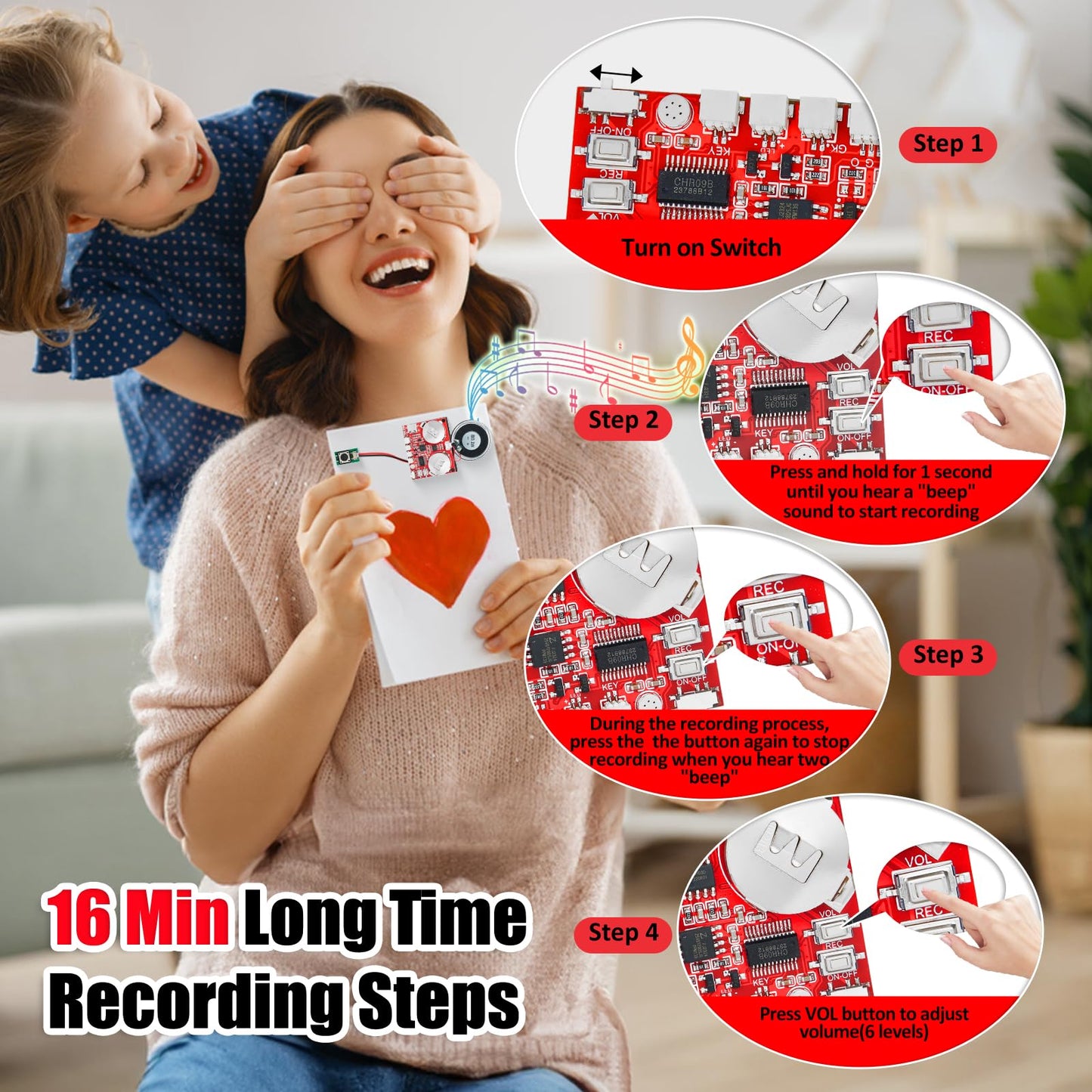Sound Module, JRGKJCP 16MB Push Button, Magnetron,Light Control Activated Recordable Voice Sound Chip Module with Light Strip,Speaker,for Greeting Card Audiobook, Xmas Presents Boxes, Kids's Toys.
