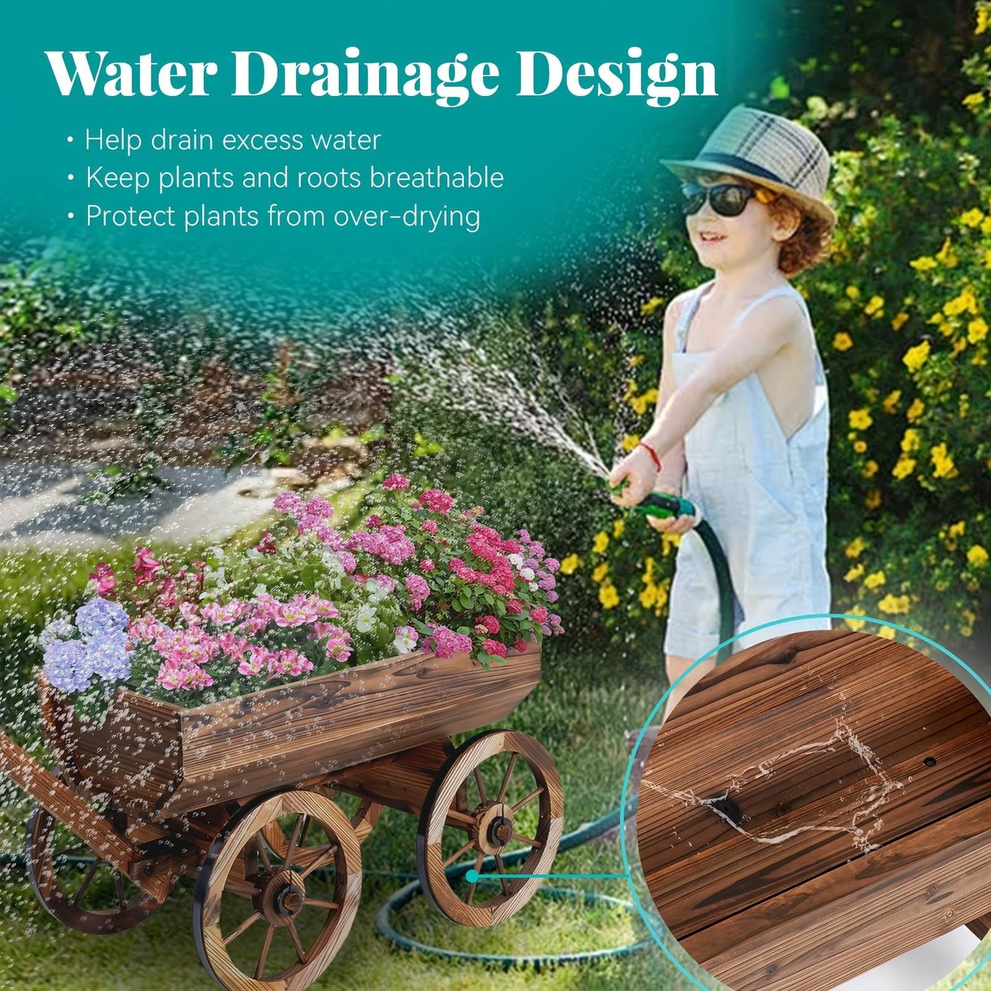 MFSH Wood Wagon Flower Planter Pot Stand W/Wheels Home Garden Outdoor Decor-41INCH