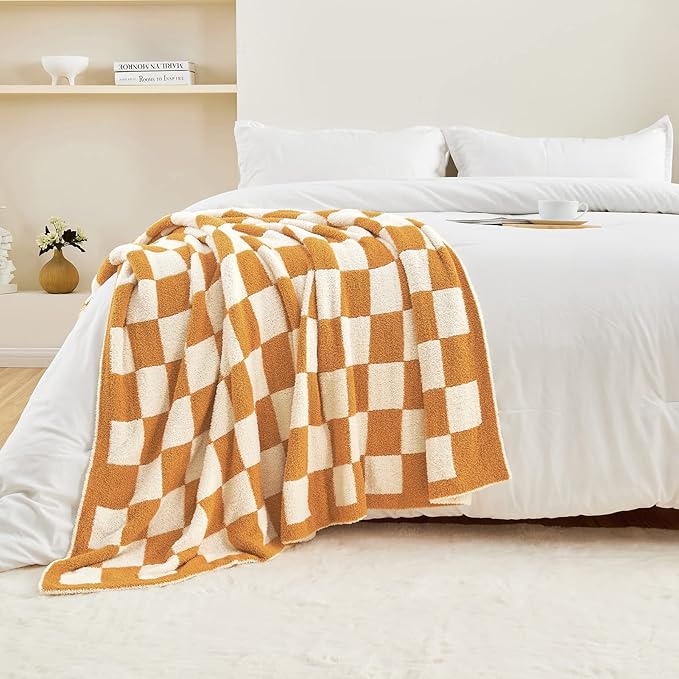CozeCube Checkered Blanket, Ultra Soft Cozy Orange and White Throw Blanket, Warm Cozy Knit Fuzzy Plush Checkerboard Throw for Couch Bed Sofa, 60"x80"