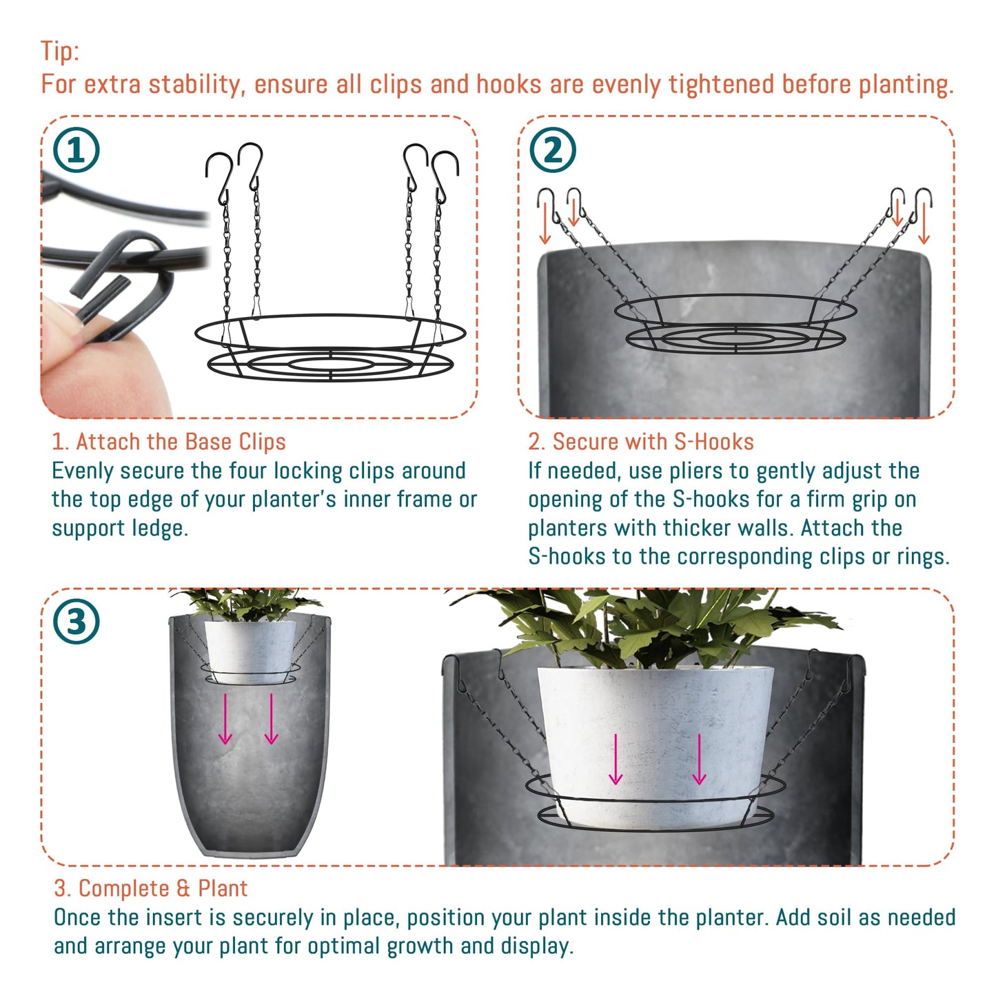 Adjustable Planter Inserts for Large Pots, 12-18" Plant Risers for Inside Pots, Black Stainless Steel Planter Insert with 4Hooks, Chain Pot Fillers for Tall Round Planters to Reduce Soil (1, black)