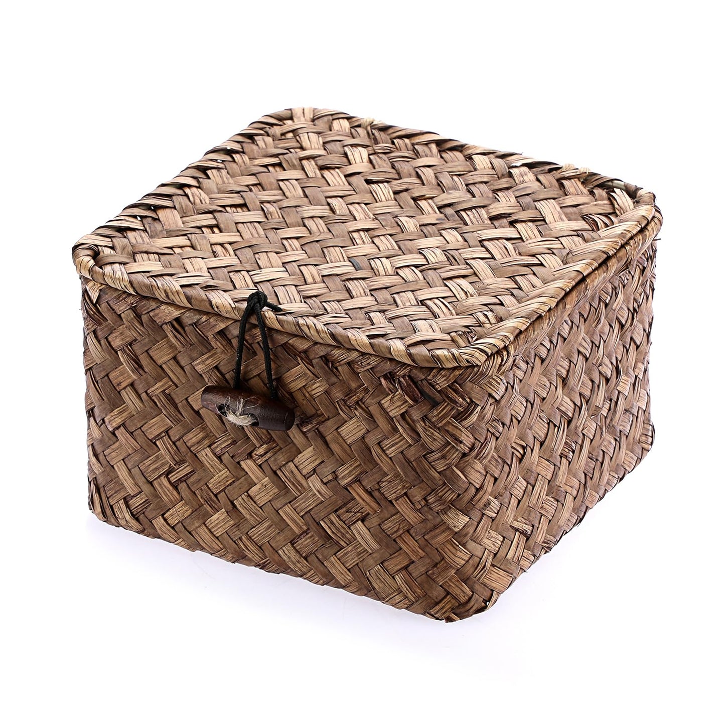 Hipiwe Seagrass Basket with Lid Wicker Storage Basket Square Handwoven Decorative Baskets Box for Shelf Multipurpose Household Baskets Home Decor,X-small