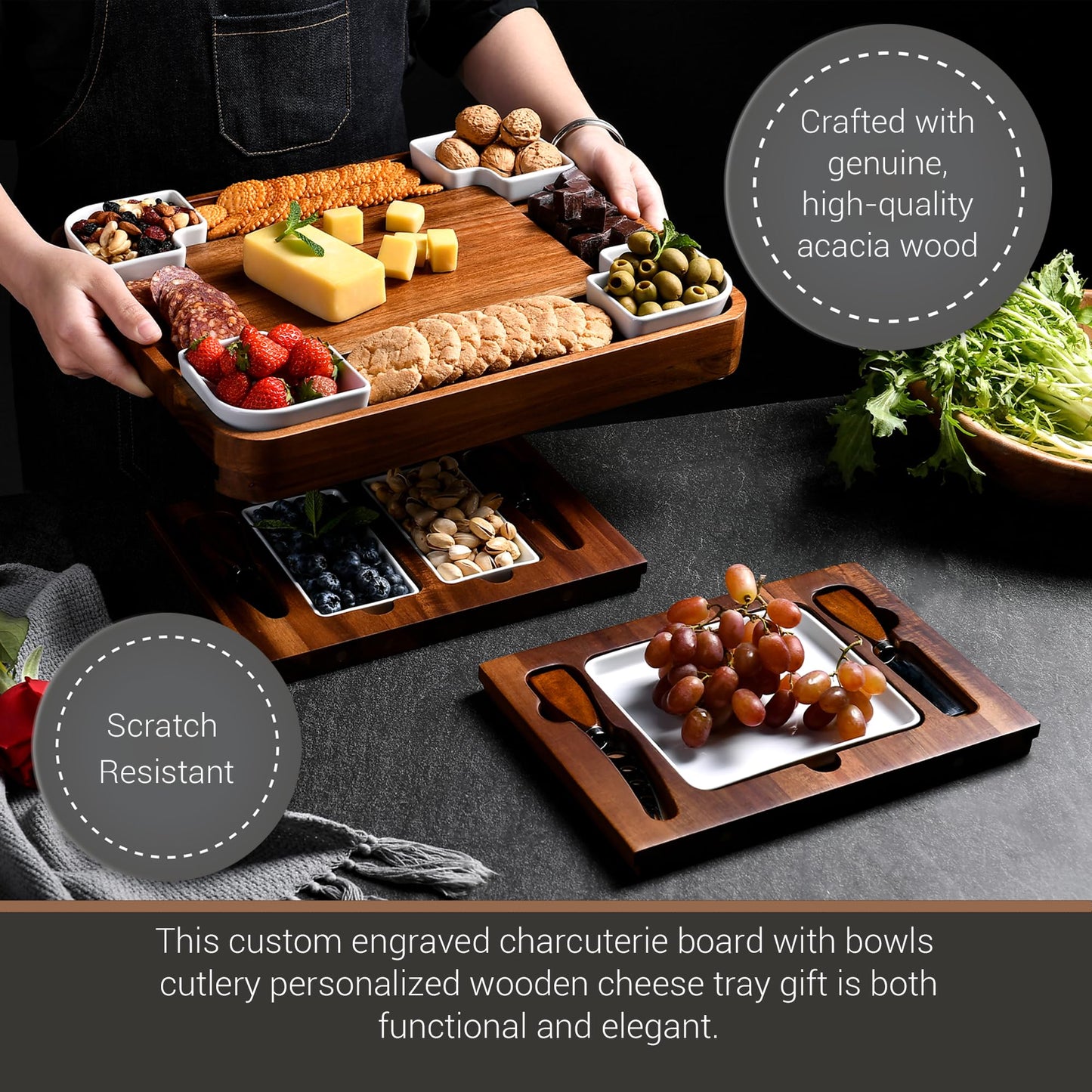 Shanik Upgraded Acacia Cheese Board Set, Square Shaped Charcuterie Set, Cheese Platter, Handcrafted Design and Stainless Steel Cutlery Set - Gift for Any Occasion No Engraving