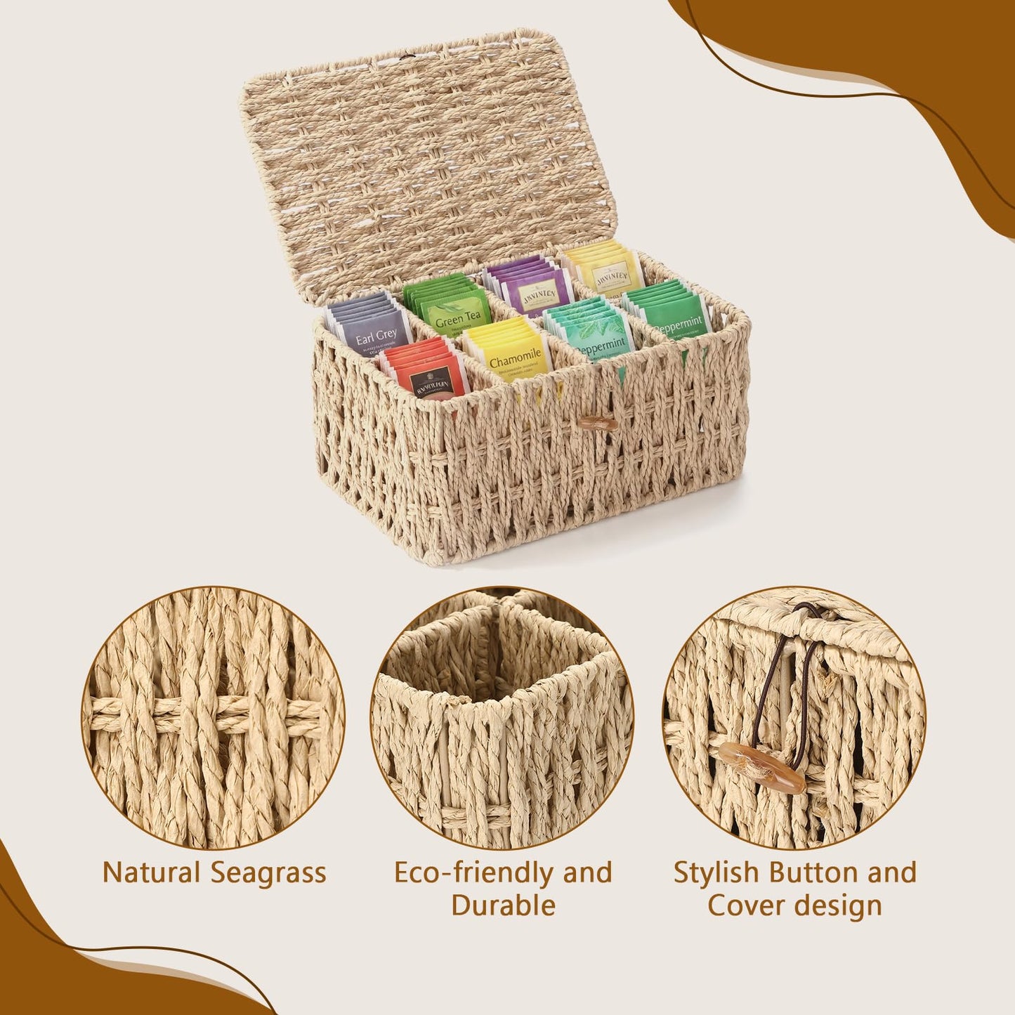 Sieral Tea Bag Organizer/Sugar Packet Holder with Lid 8 Compartment Paper Rope Woven Tea Storage Box for Chest Coffee Pill Condiment Organizer Wicker Divider Container for Countertop Drawer Shelf